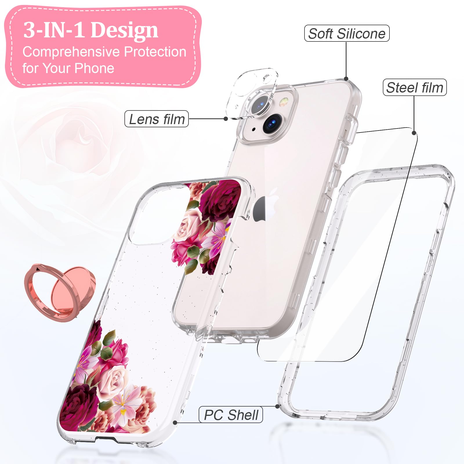 Acketbox For Iphone 14 Case With Screen Protector + Camera Lens Protector And Ring Bracket,Flower Pattern Design For Women And G