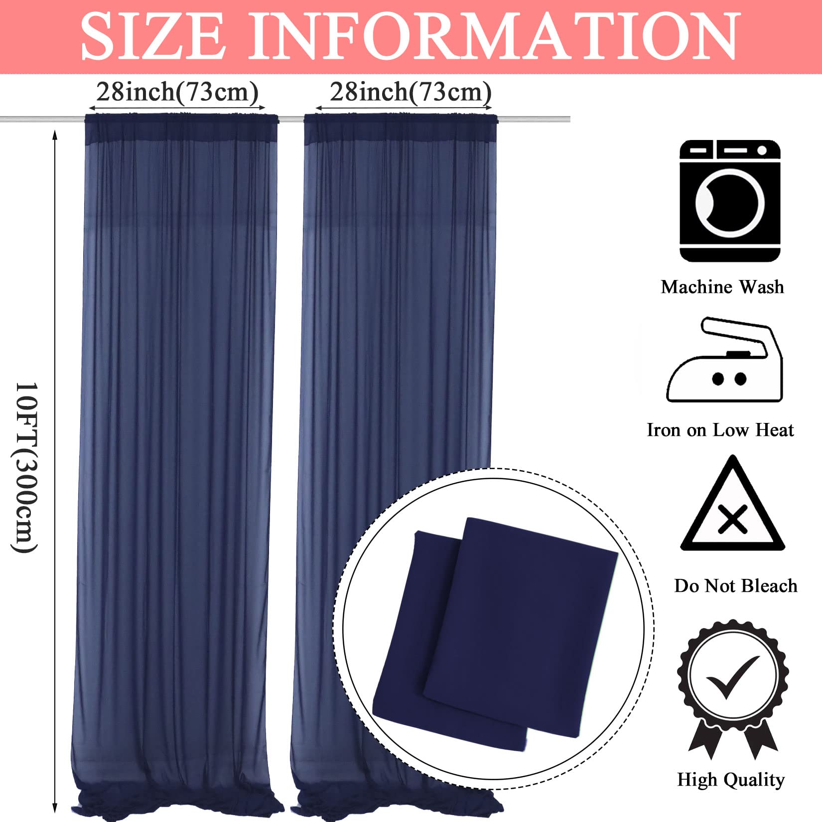 Fuhsy Sheer Navy Blue Backdrop Curtain Chiffon Curtains Wedding Drapery 10 Ft Curtains Tulle Backdrop Drapes Wedding Arch Drapes