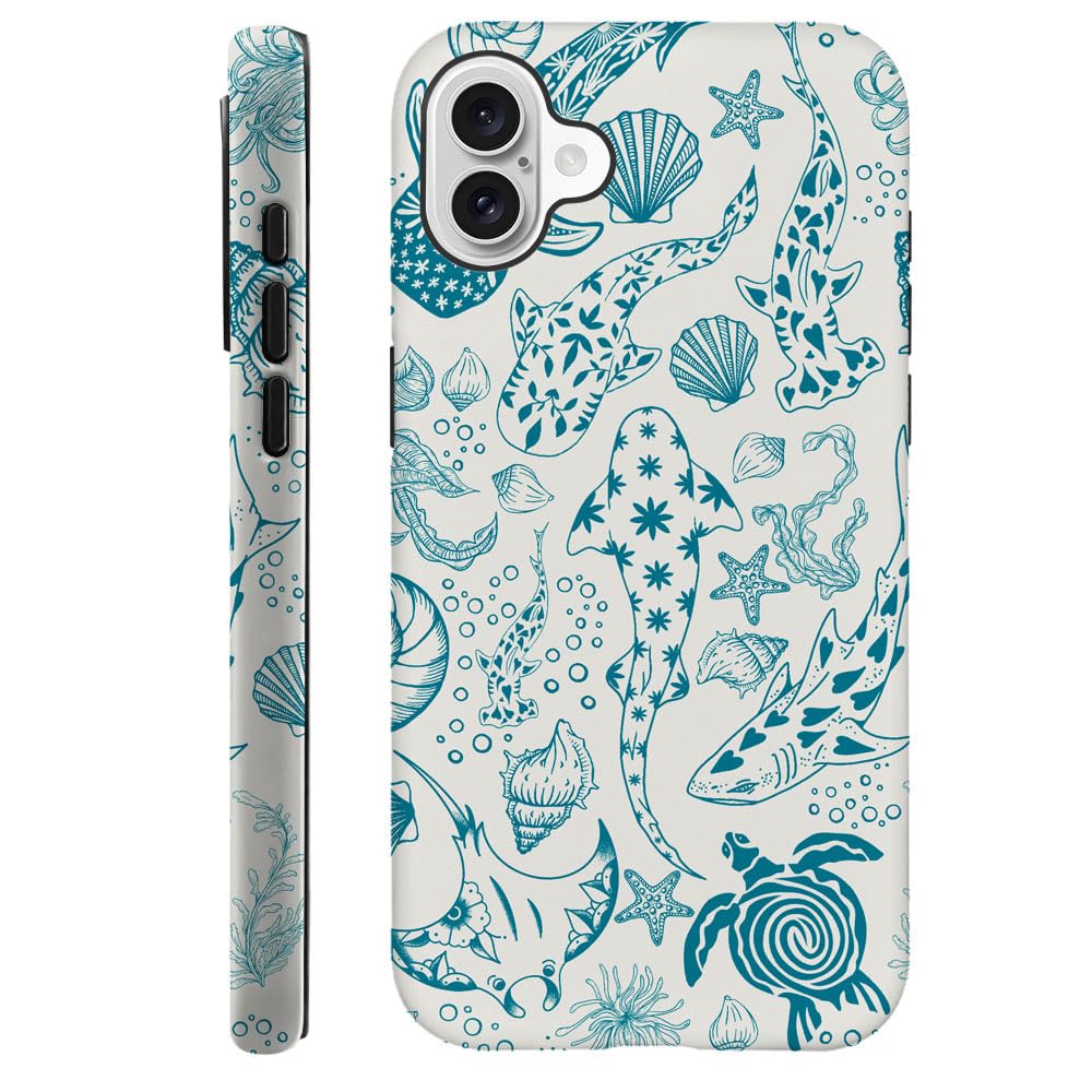 Case for iPhone 16,Fits Frosted Case Design for Girl Women,Sharks Turtles Shells Seaweed Green