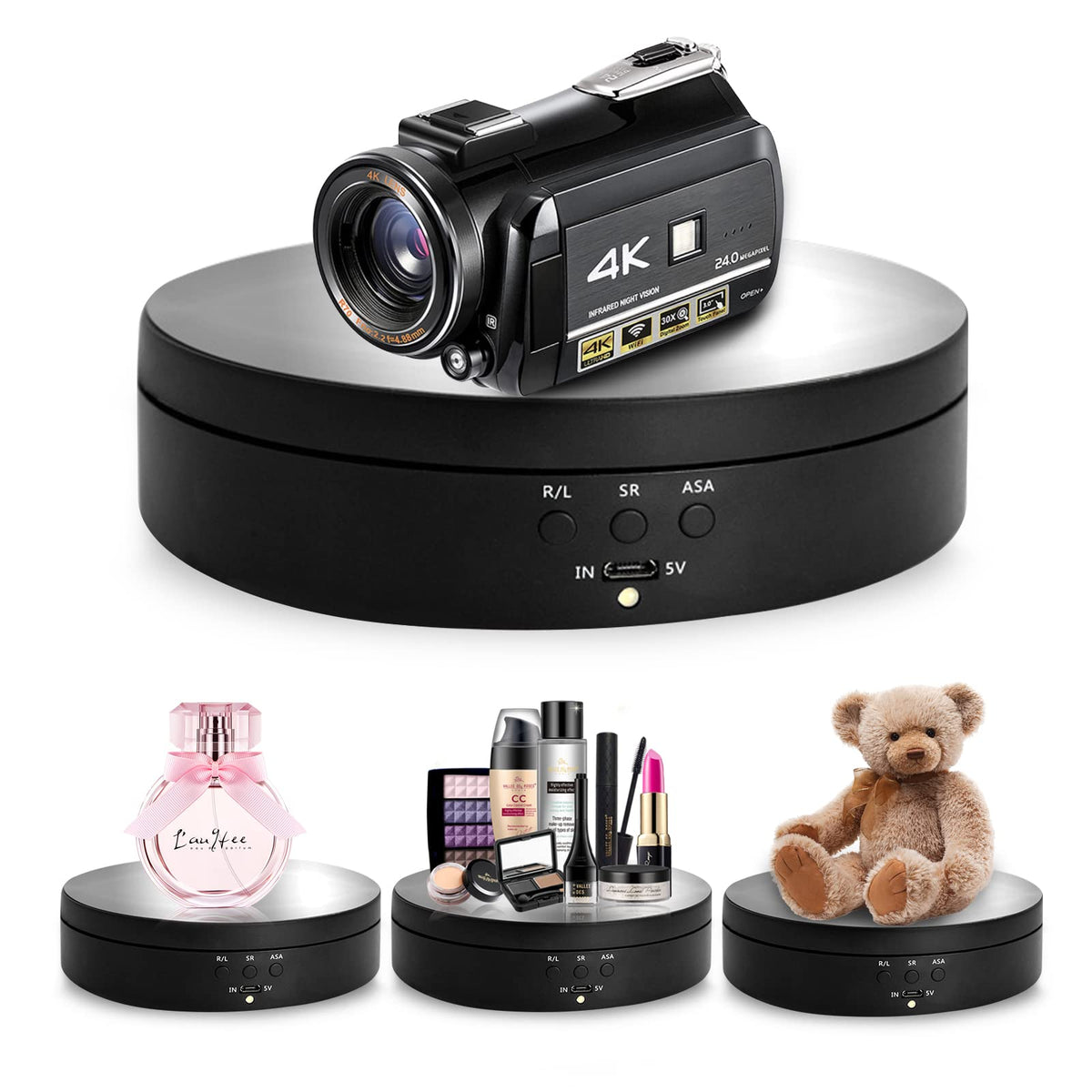Foleto Rotating Display Stand, 360 Degree Motorized Turntable Display Stand For Photography Products And Shows (Black 5.4Inch)