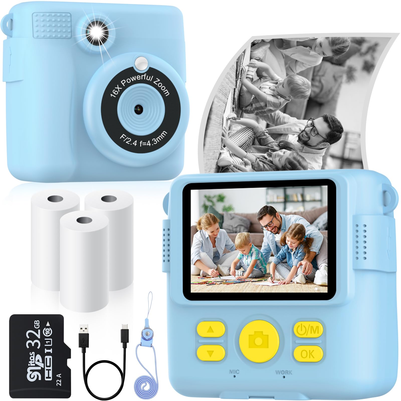 Instant Print Camera For Kids With 3 Rolls Of Printer Paper, 1080P Toddler Digital Camera Toys For Age 3 12 With 32Gb Sd Card, Christmas & Birthday Gifts For 3 4 5 6 7 8 Year Old Girls & Boys (Blue)