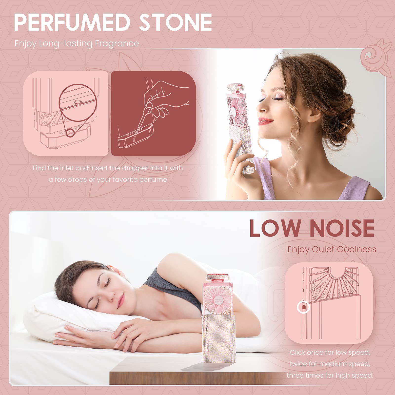 Bling Handheld Fan, Rechargeable Personal Fan With 3 Speeds Setting, Powerful Crystal Pull Out Portable Fan, Cooling Electric Fa