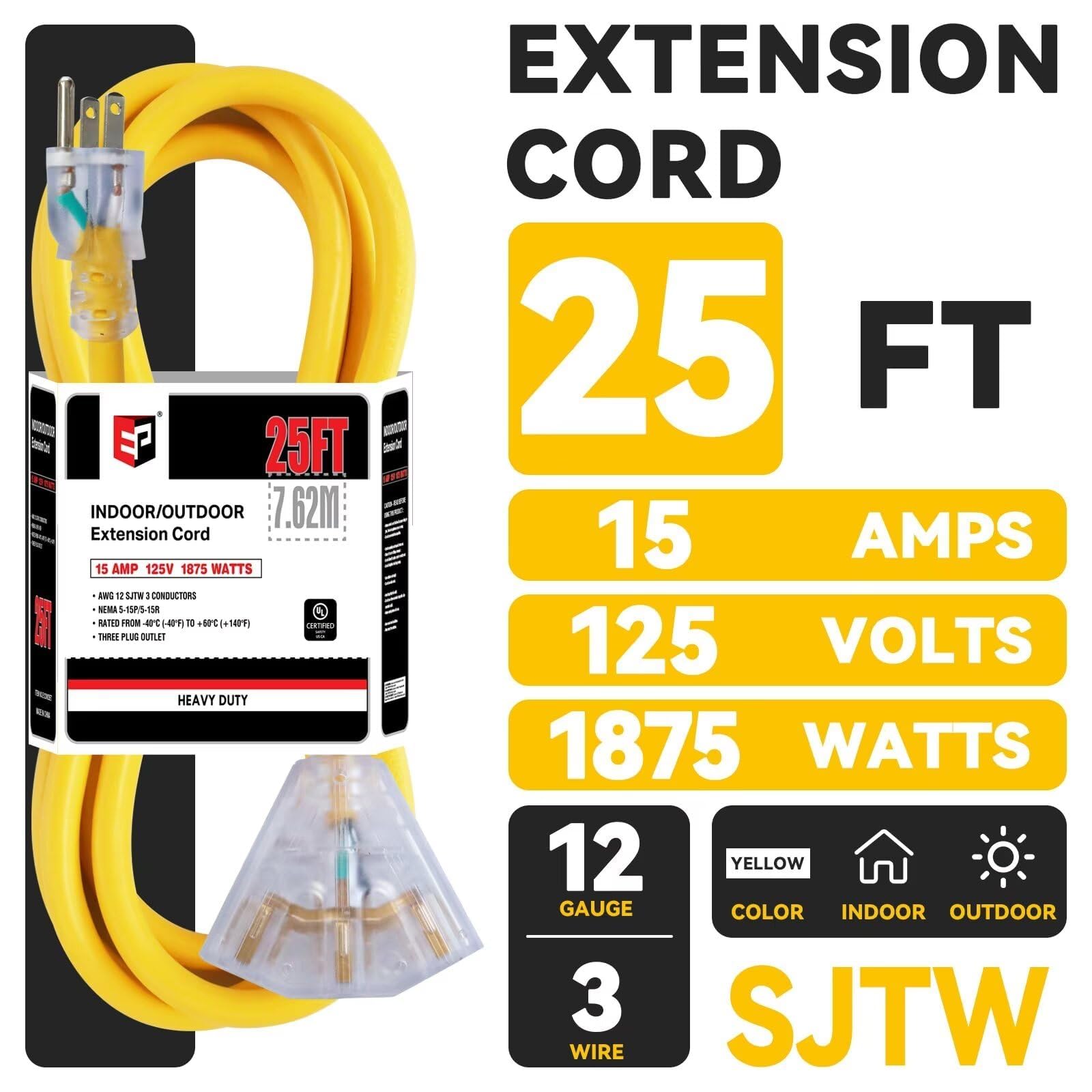 Ep 25 Ft 12 Gauge Heavy Duty Extension Cord, 15A 125V 1875W, 3 Outlet Indoor/Outdoor Power Cord With Lighted End, 12/3 Sjtw Weat
