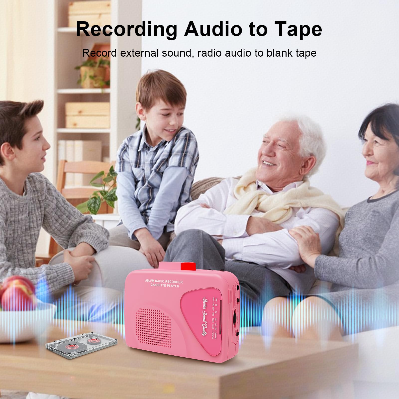 Portable Cassette Player Recorder With Am/Fm Radio, Built-In Speaker & Headphone Jack, Belt Clip Included-Pink