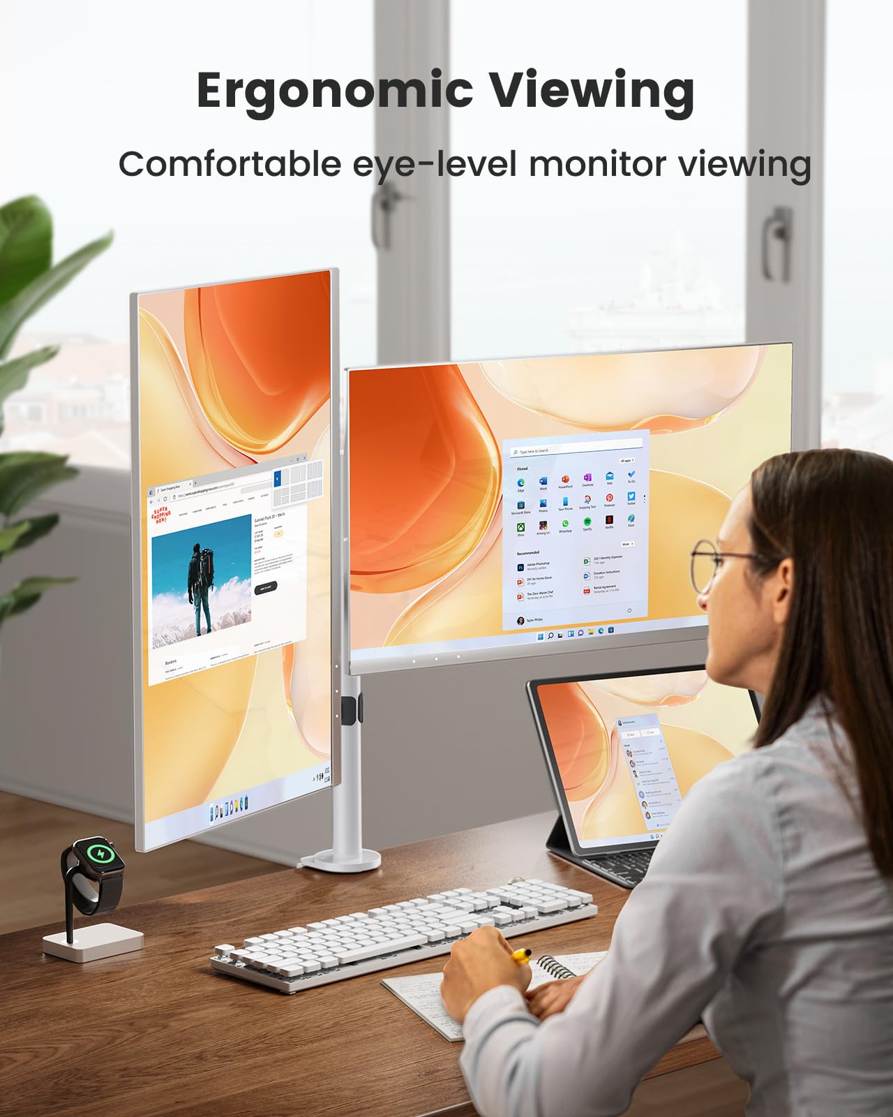 Ergear Dual Monitor Mount For Desk, Fully Adjustable Dual Monitor Arm Fits 2 Computer Screens Up To 32 Inch, White Monitor Arm D