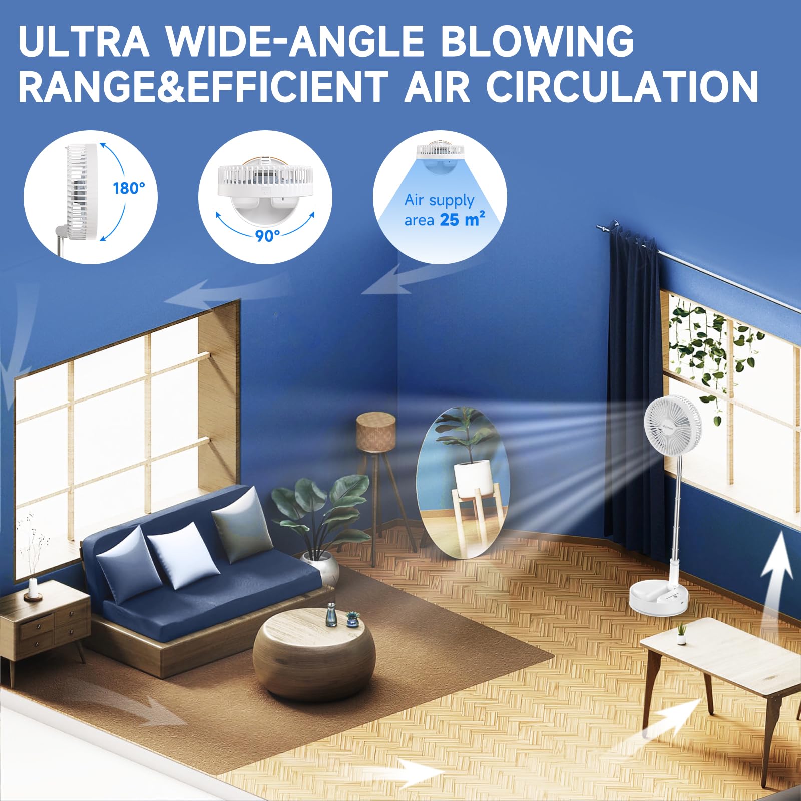 Marchpower Foldable Oscillating Standing Fan With Remote, 8'' Portable Pedestal Quiet Fan With Timer, 7200Mah Rechargeable Usb D