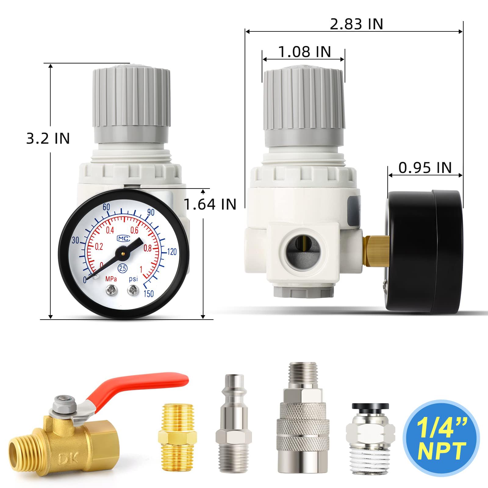 Meanlin Measure 1/4 Inch Npt Air Compressor Regulator With Gauge, 0 150 Psi Ar2000 Air Gauge Regulator Inline For Air Compressor