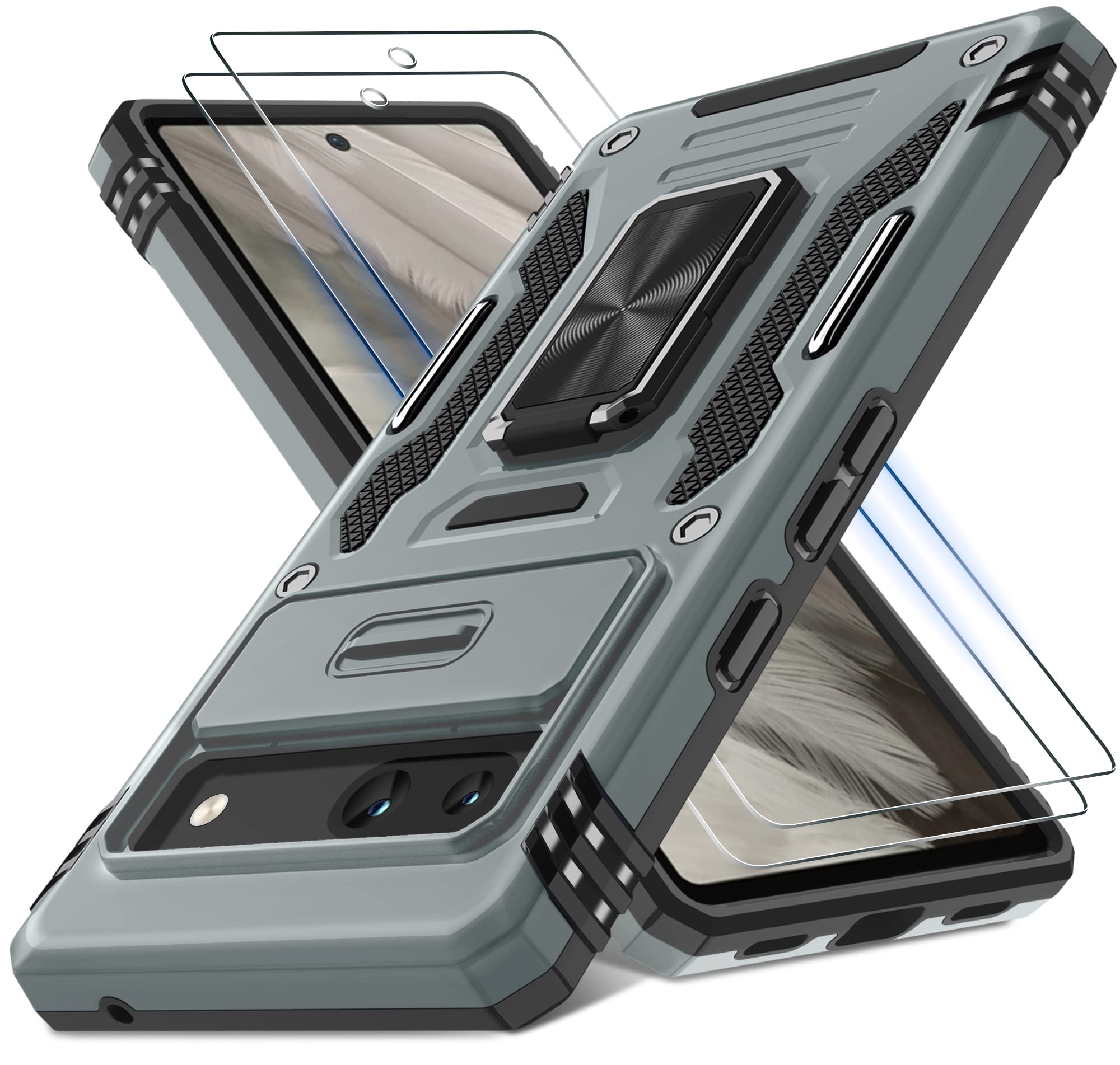 Deerlamn Case For Google Pixel 7A With Slide Camera Cover+Screen Protector (2 Packs), Rotated Ring Kickstand Military Grade Shoc