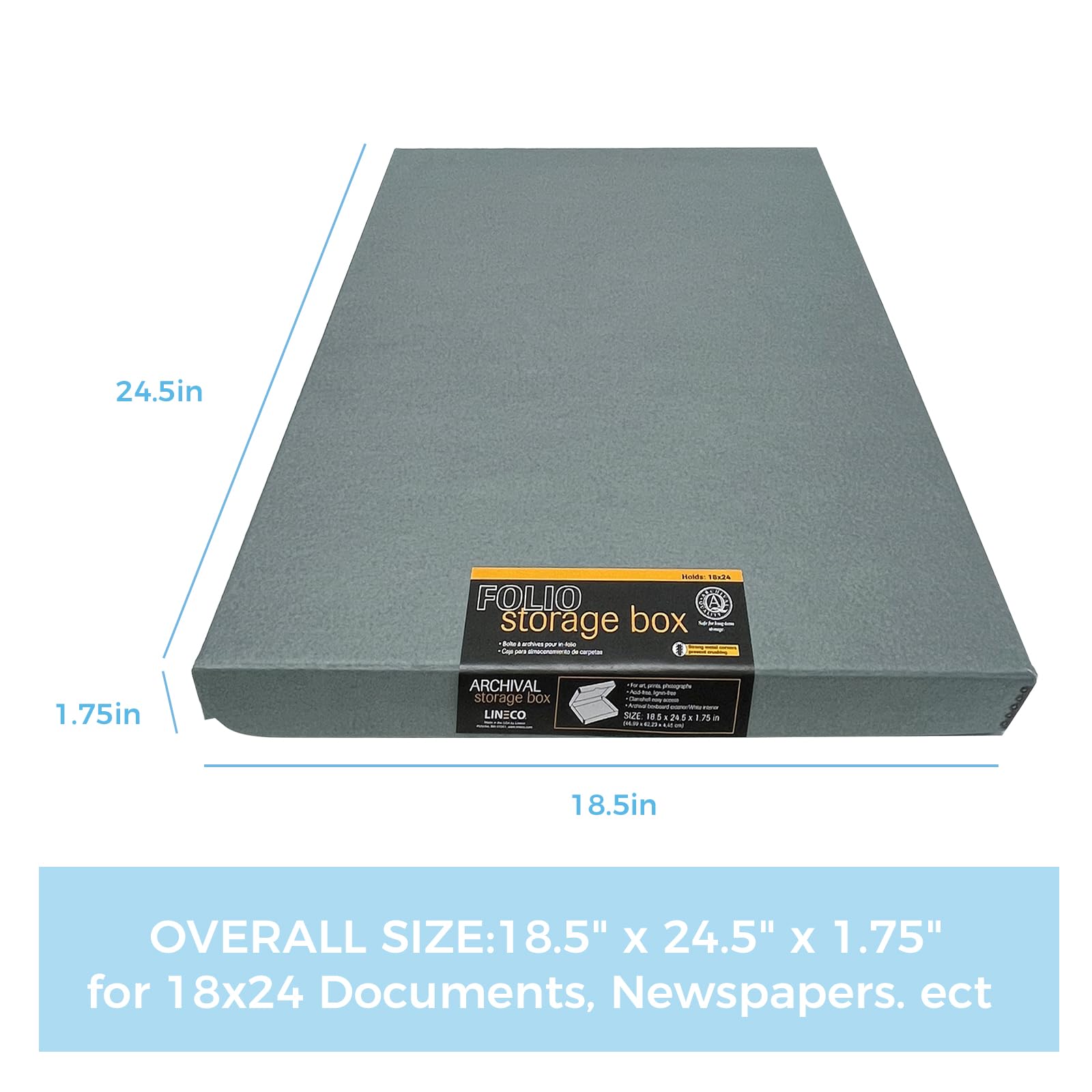 Lineco Folio Storage Box, Clamshell Design With Metal Edge. 18.5X24.5X1.75 In, Archival Boxboard, Preserve Photos, Prints, Cards, Magazines, Documents, Art, Ephemera, Family Records, Gray, Pack Of 2