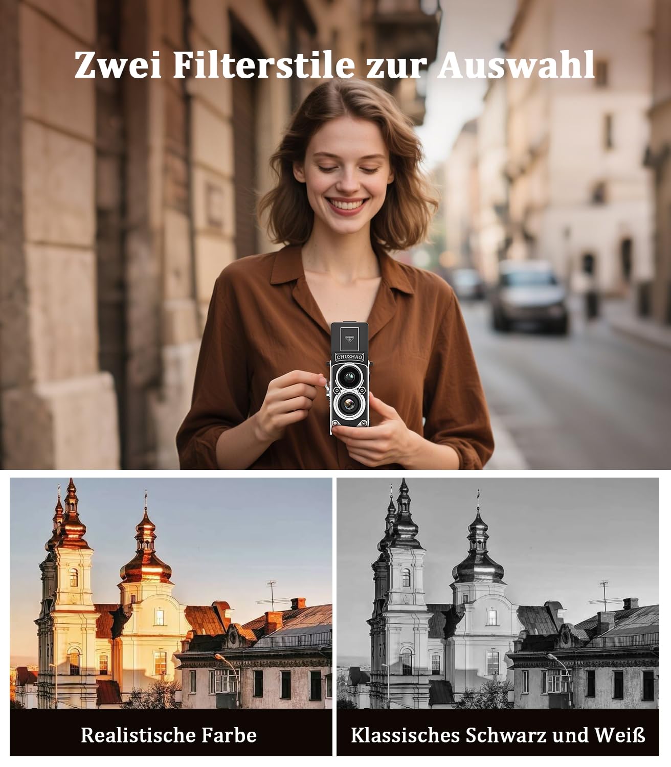 TURNRISE CHUZHAO Digital Camera, 12MP Autofocus, 1080P FHD, Ultra-Compact, Black, TLR Style, Includes 16GB Card for Beginners