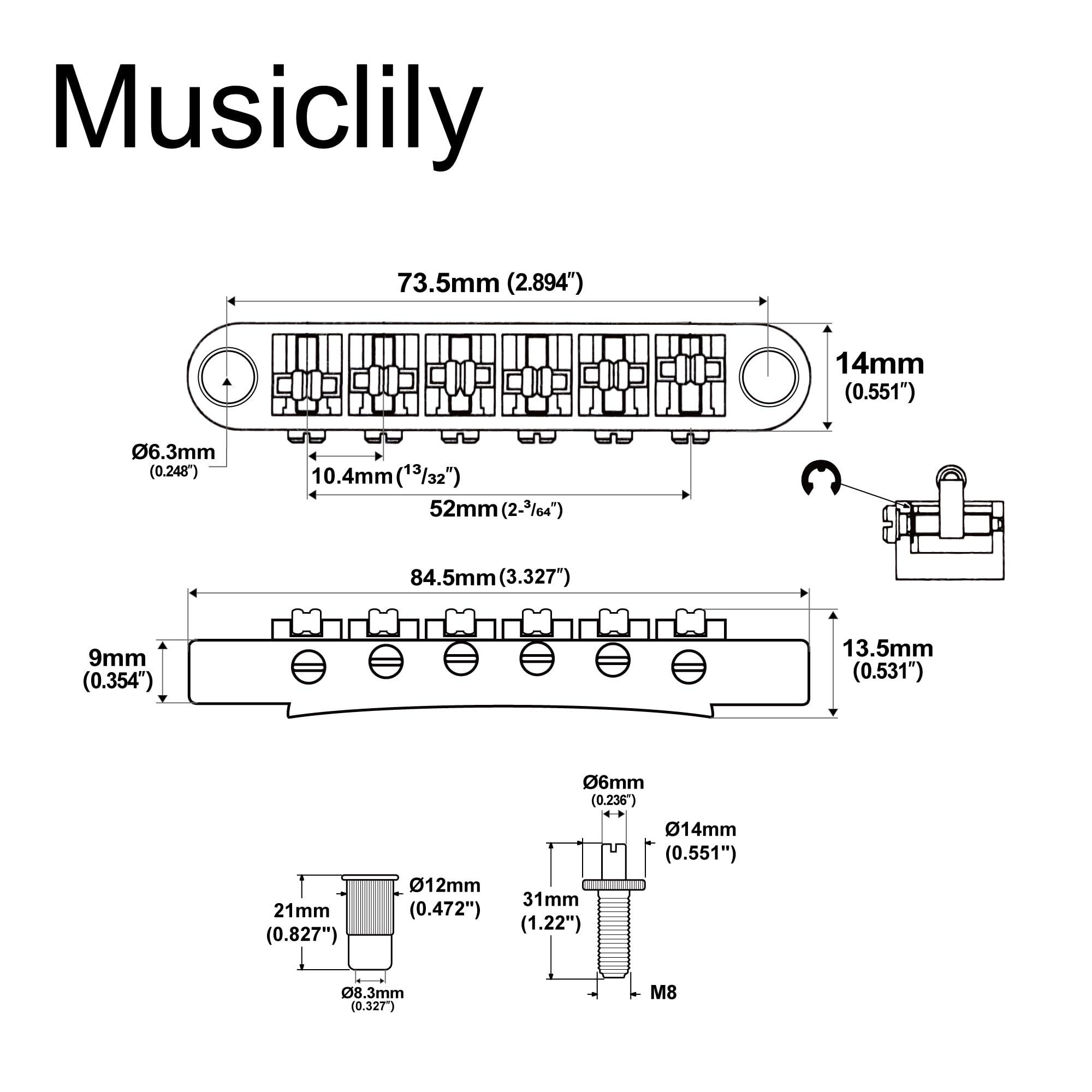 Musiclily Pro 52Mm Guitar Roller Saddle Bridge Tune O Matic Bridge With M8 Post For Les Paul Lp Sg Electric Guitar, Nickel