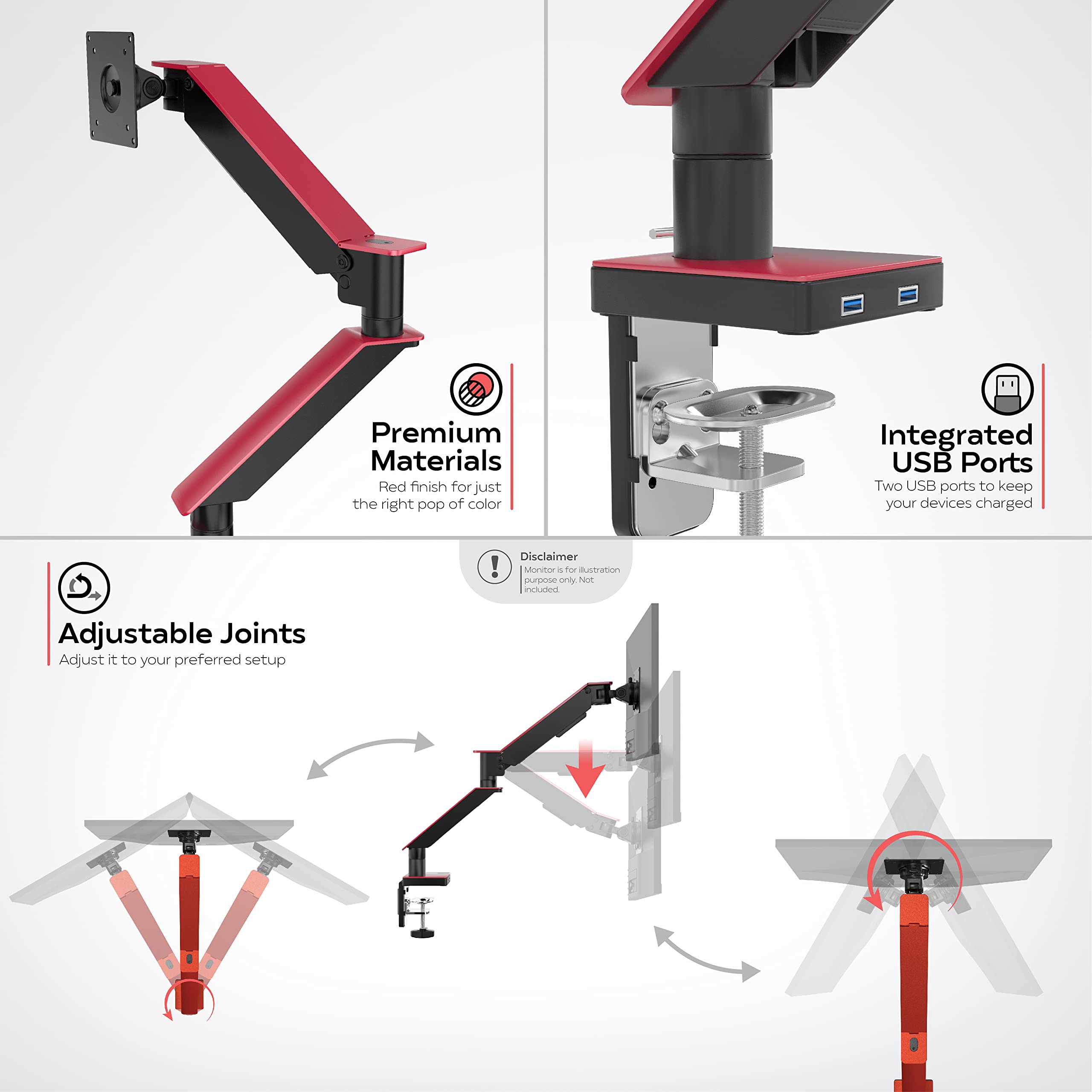 Red Single Monitor Arm Mount - Cta Red Monitor Mount For 23 To 35 Monitors - W/Dual Usb 3.0 Hub Ports & Arm Clamp For Desks - Re