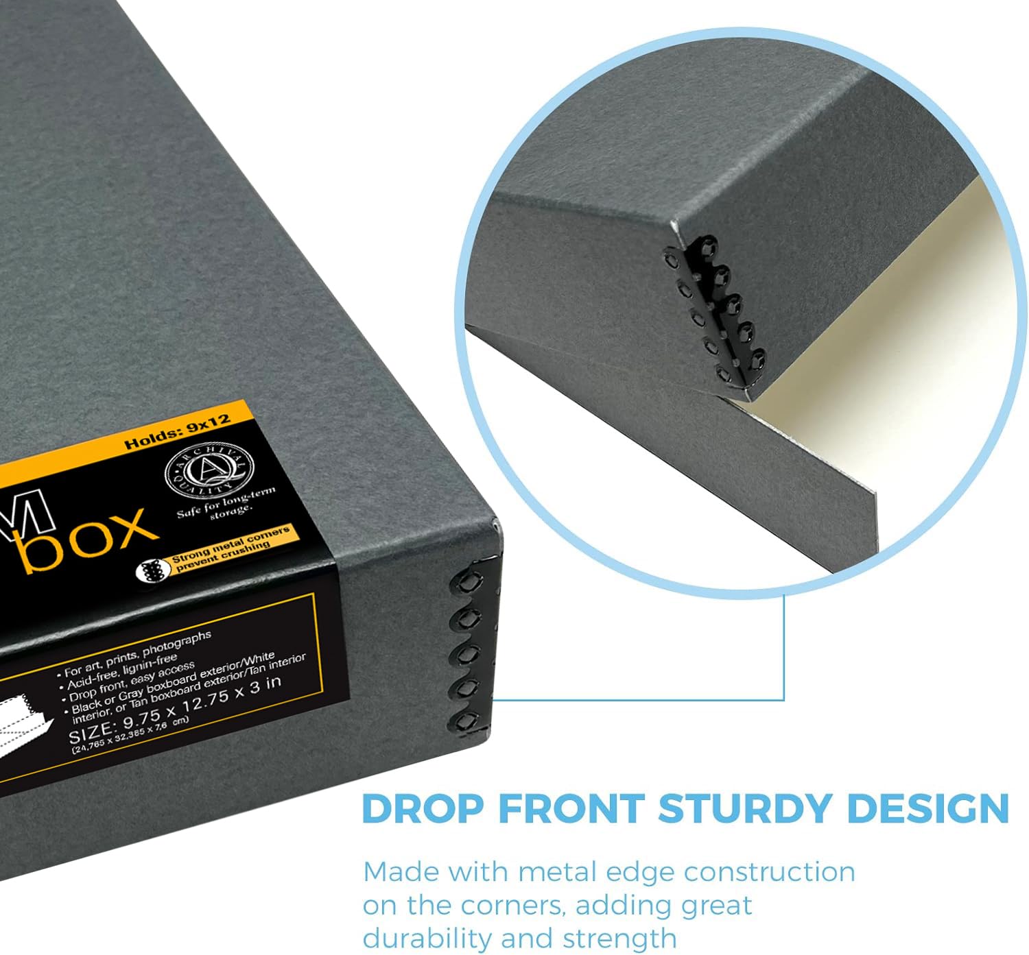 Lineco Museum Archival Storage Box, 9.75X12.75X3 In. Drop Front Design. Acid Free With Metal Edge. Organize Photos, Pictures, Prints, Documents, Crafts, Diy. Gray, 2 Pack