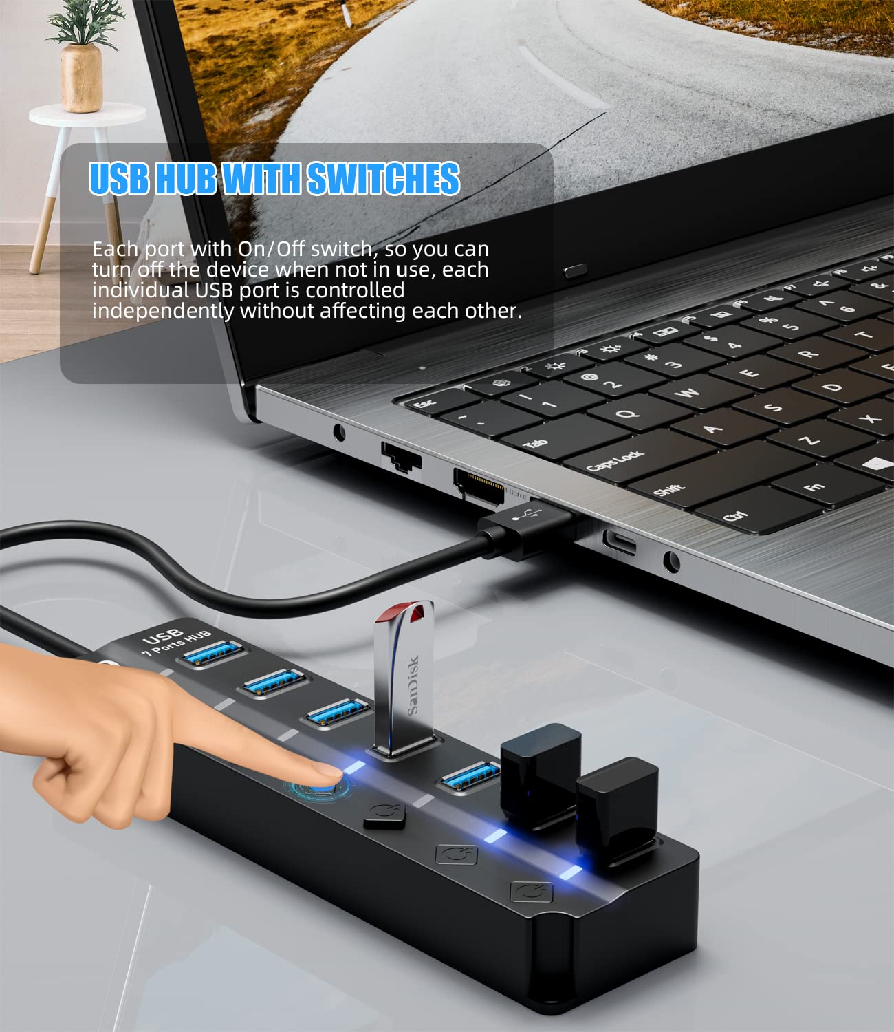 Usb Hub 3.0, Eanetf 7 Port Usb Hub With Led Individual On/Off Switches And Extended Long Cable For Macbook, Mac Pro, Mac Mini, Imac, Surface Pro, Xps, Pc