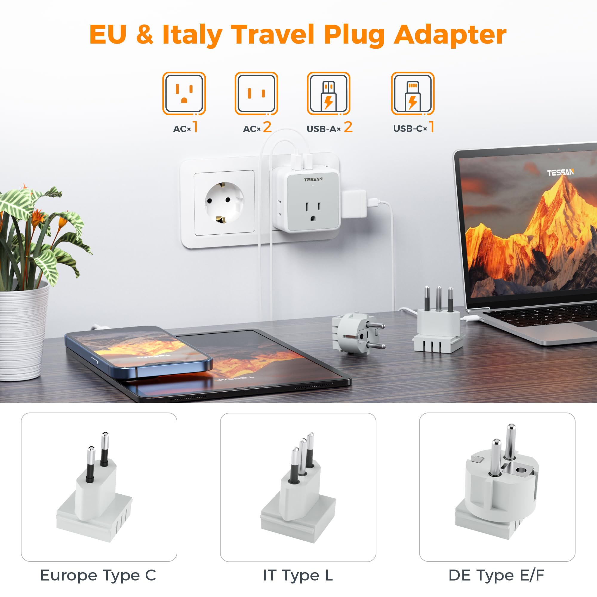 Tessan All European Italy Travel Plug Adapter Kit, International Detachable Converter With 3 Outlet 3 Usb Charger (1 Usb C), Typ