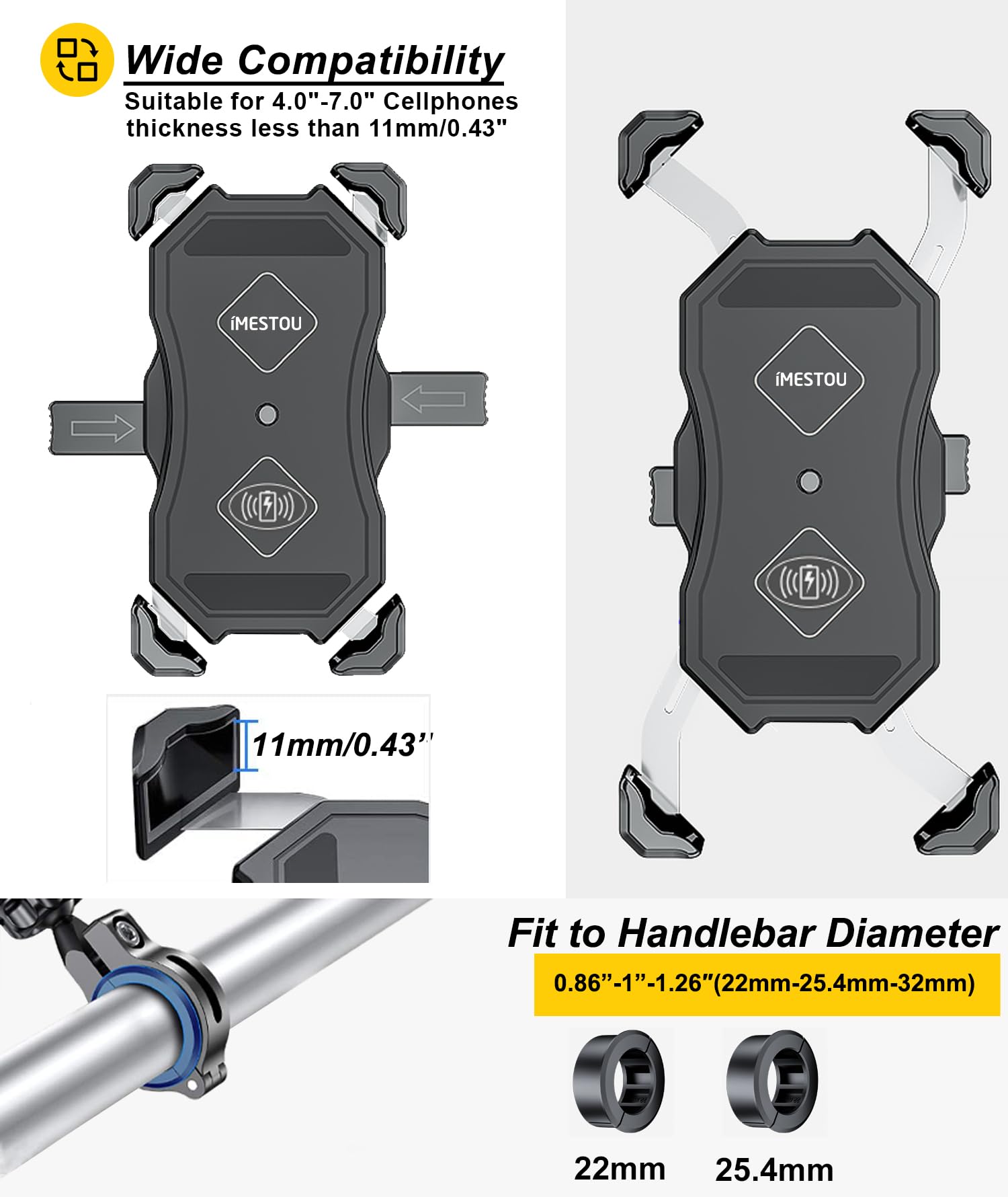 Imestou Motorcycle Phone Holder Wireless Charger And Usb 3.0 Quick Charge Phone Mount 2 In 1 Fits For 22 32Mm Handlebar Or Rear View Mirror, Suitable For 3.5' 6.8' Phones, Works With 12 24V Vehicles
