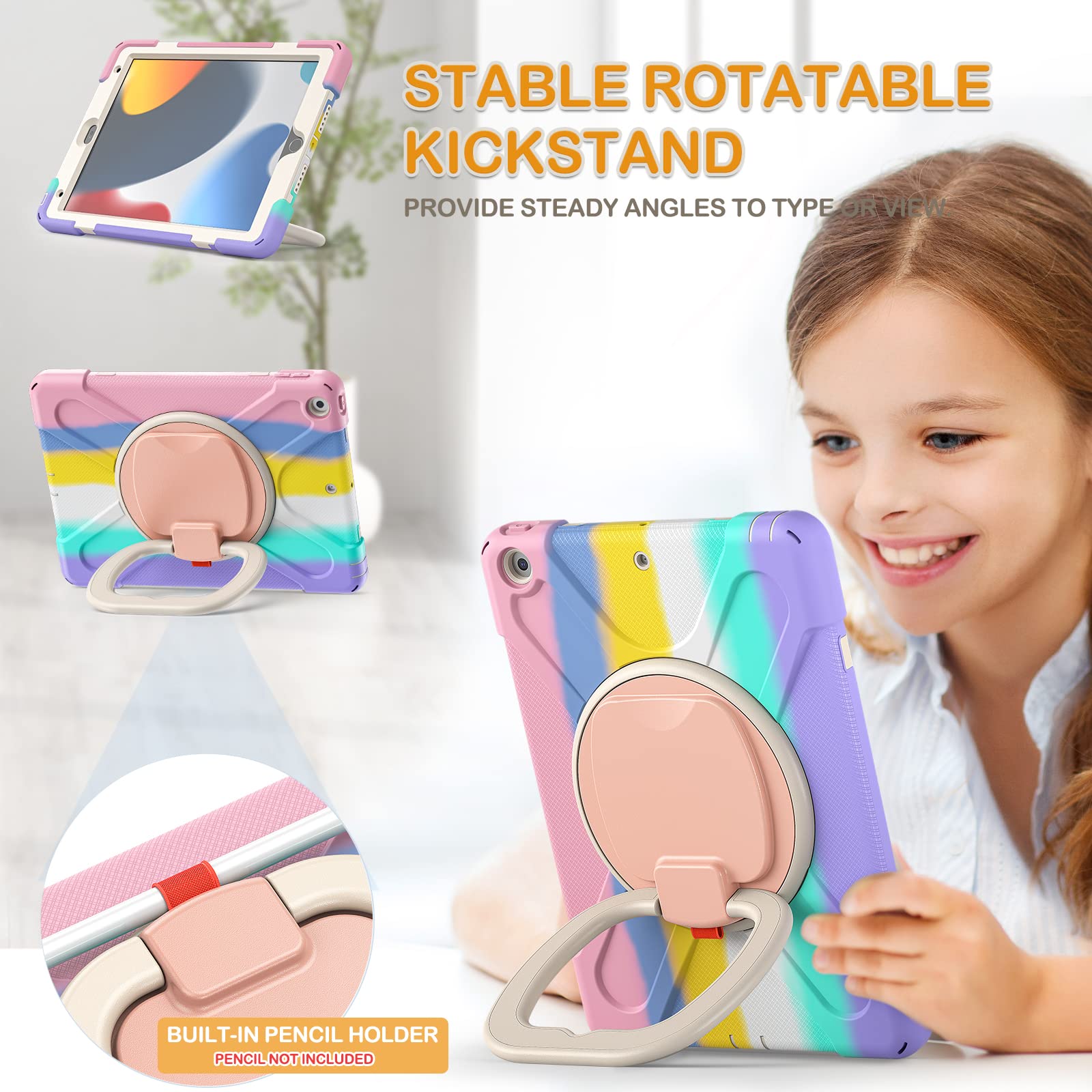 Braecn Case For Ipad 10.2    2021 Ipad 9Th Generation, Shockproof Protective Silicone Cover With Pencil Holder &Rotating Handle