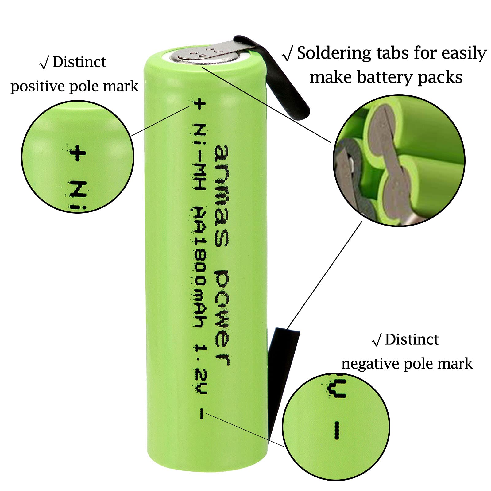 Windmax 5 X Nimh 1.2V Aa 1800 Mah Electric Shaver Rechargeable Battery With Solder Tabs