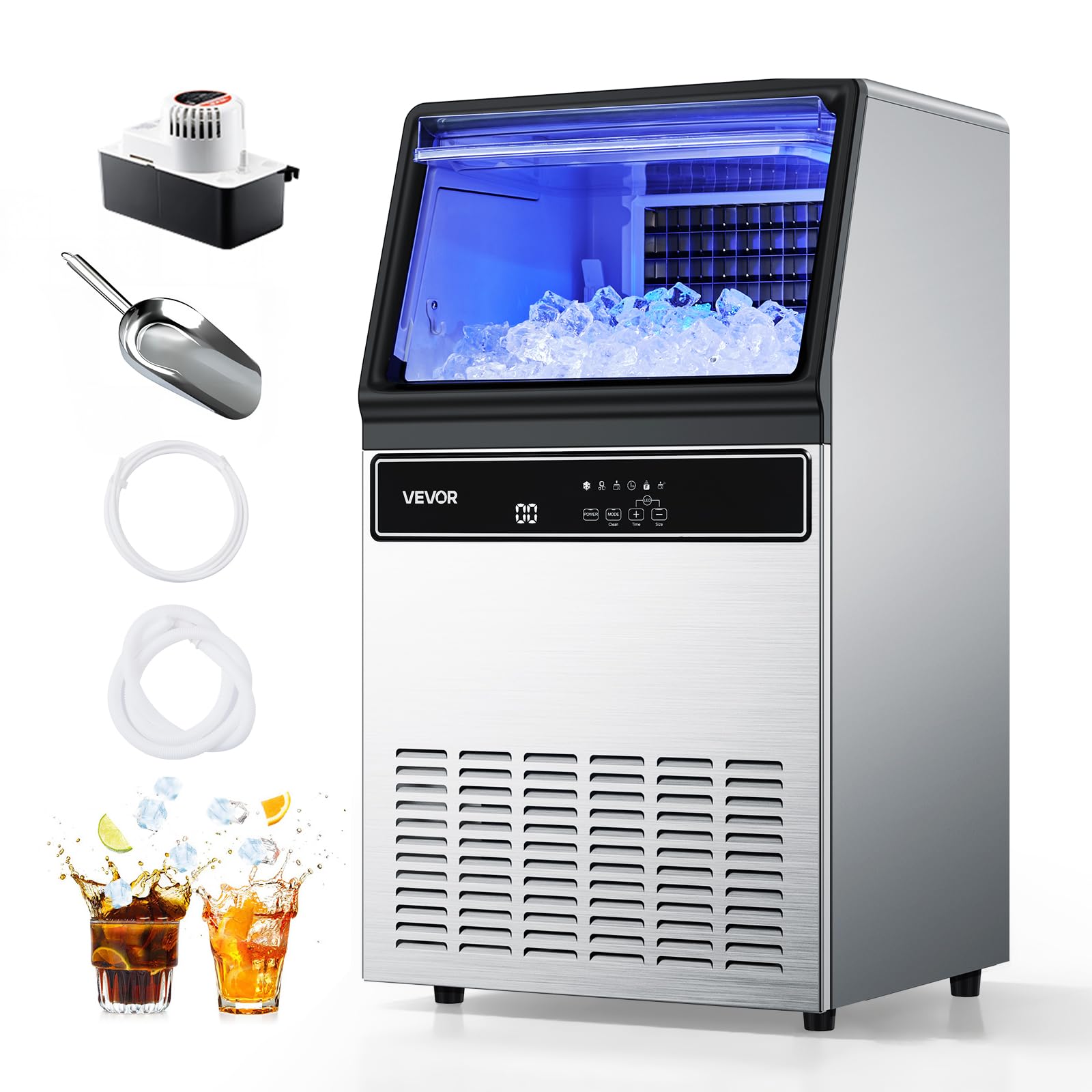 VEVOR Commercial Ice Maker Machine with Pump, 130Lbs/24H with 33Lbs Storage, 45 Cubes per Cycle, Freestanding & Under Counter Ic