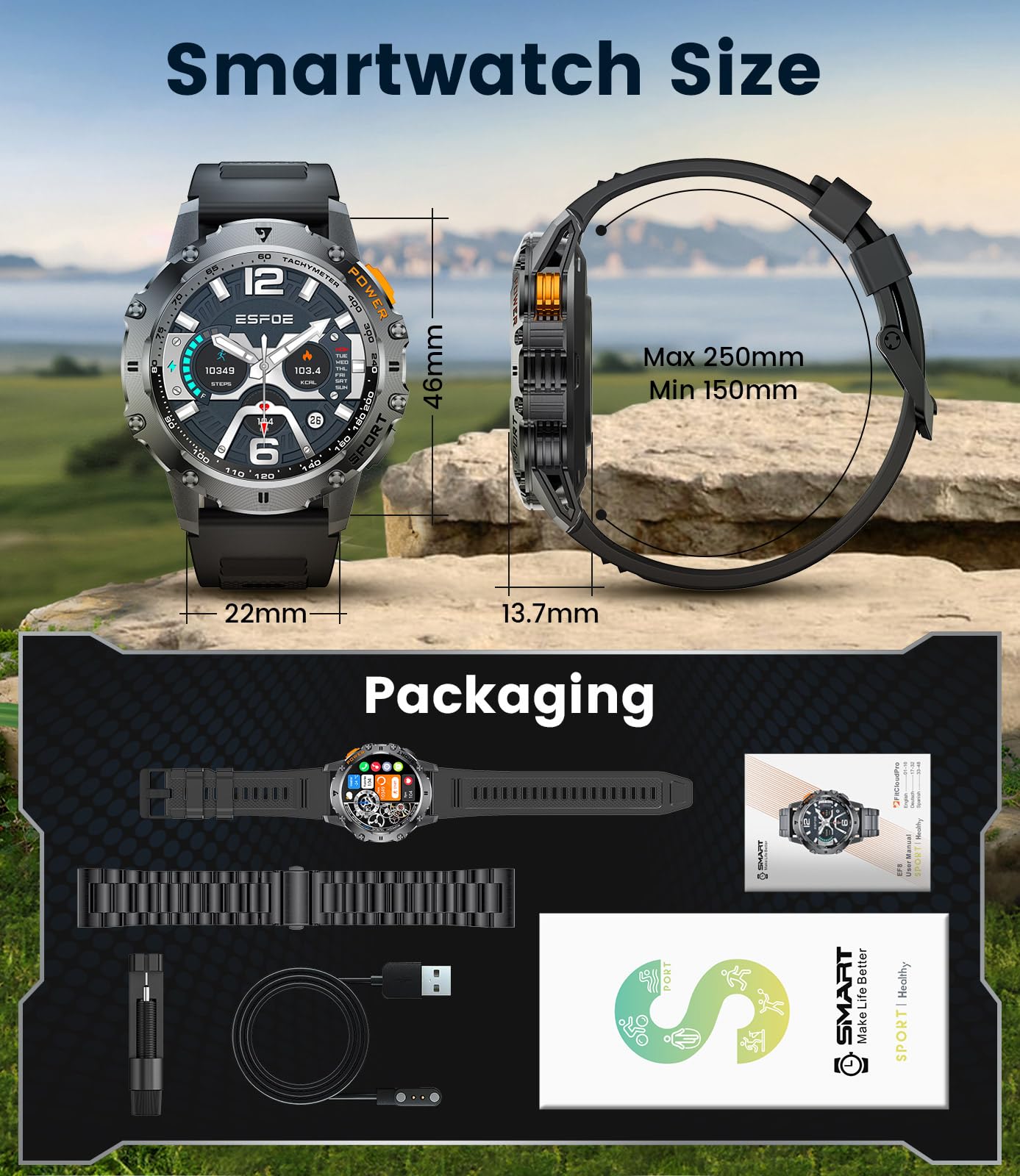 Esfoe Military Smart Watch For Men With Flashlight/5Atm Waterproof,1.43 ' ' Amoled Tactical Smartwatch With 500Mah Battery,110+