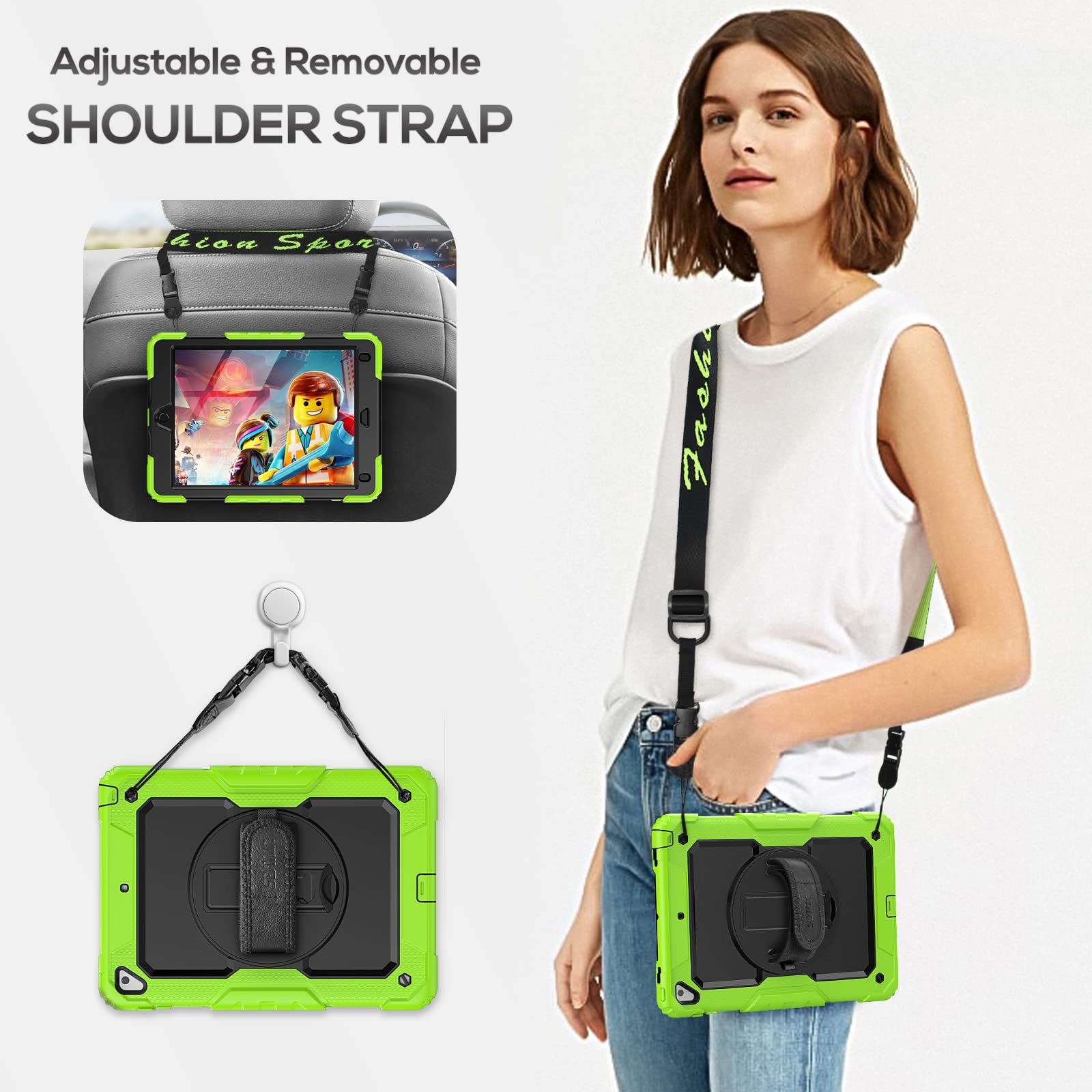 Seymac Case For Ipad 6Th/5Th Generation Case 9.7 Inch, Full Body Shockproof Heavy Duty Protective Case With Screen Protector, Rotating Stand/Hand/Shoulder Strap For Ipad Air 2/ Pro 9.7, Green