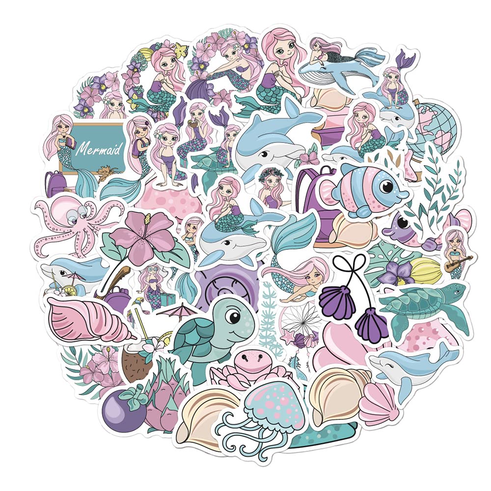 Cartoon Sea Mermaid Stickers For Boys Girls Teens Kids|50 Pcs|Cute Waterproof Vinyl Stickers For Laptop Computer Hydroflasks Wat