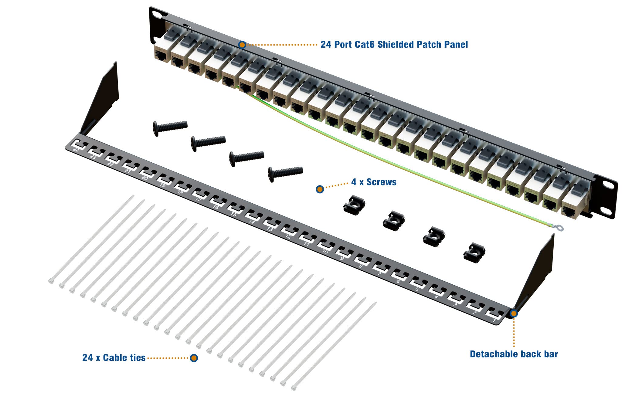 Iwillink 10Gbps Patch Panel 24 Port, Rj45 Through Coupler Cat6 Patch Panel, Stp Shielded Patch Panel 19 Inch 1U With Back Bar, W