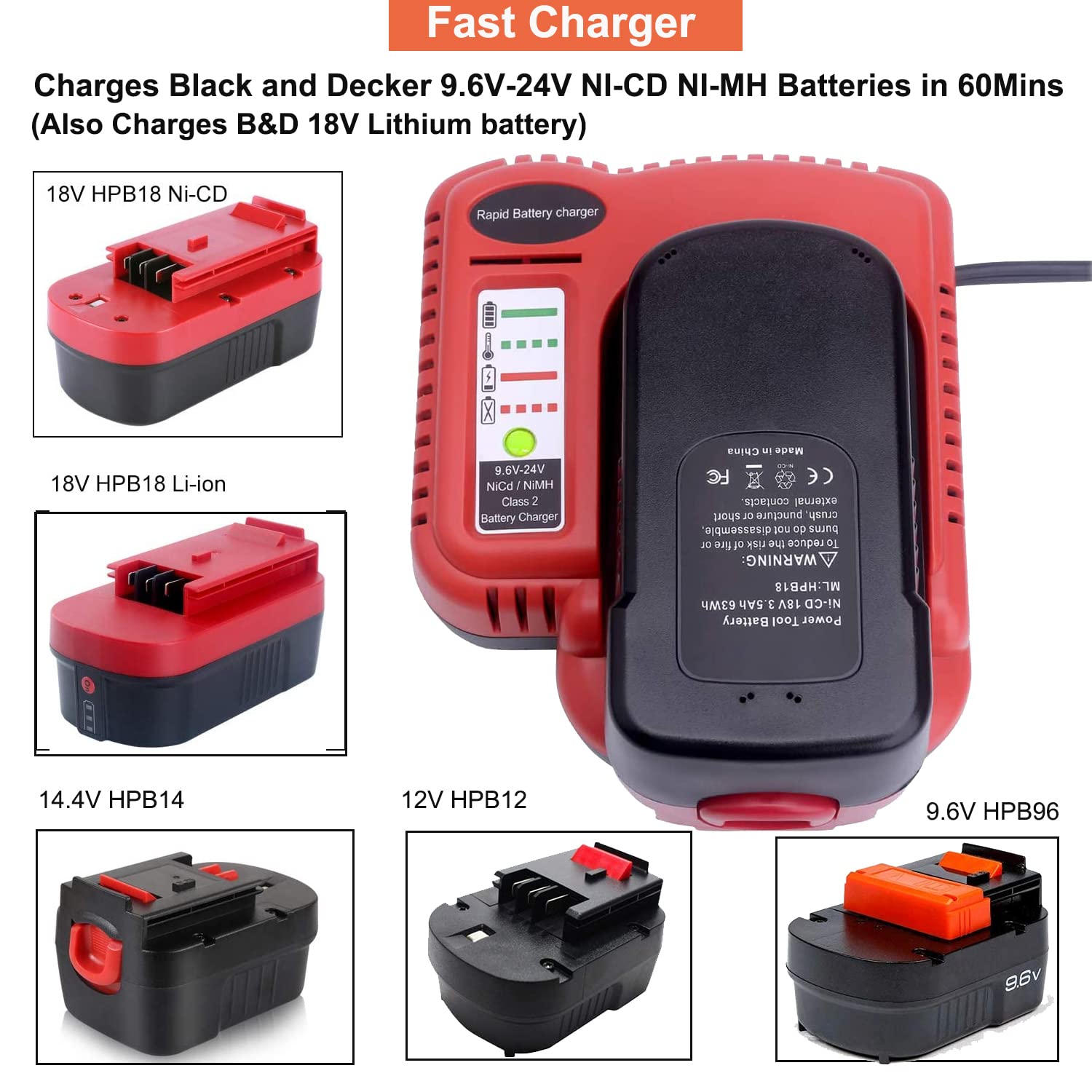 Bdfc240 9.6V 24V Battery Charger For Black & Decker 18V 14.4V 12V 9.6V 24V Firestorm Battery Nicad & Nimh Hpb18 Ope Hpb18 Hpb14
