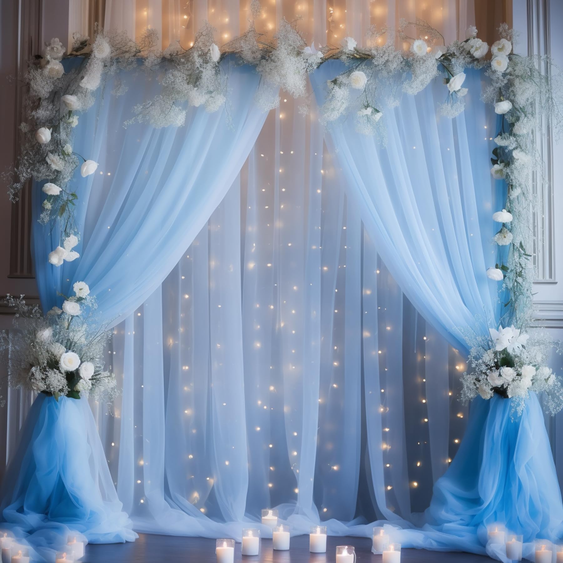 20X10Ft Baby Blue Tulle Backdrop Curtain With Lights String For Parites, Sheer Backdrop Curtains For Wedding Baby Shower Birthda
