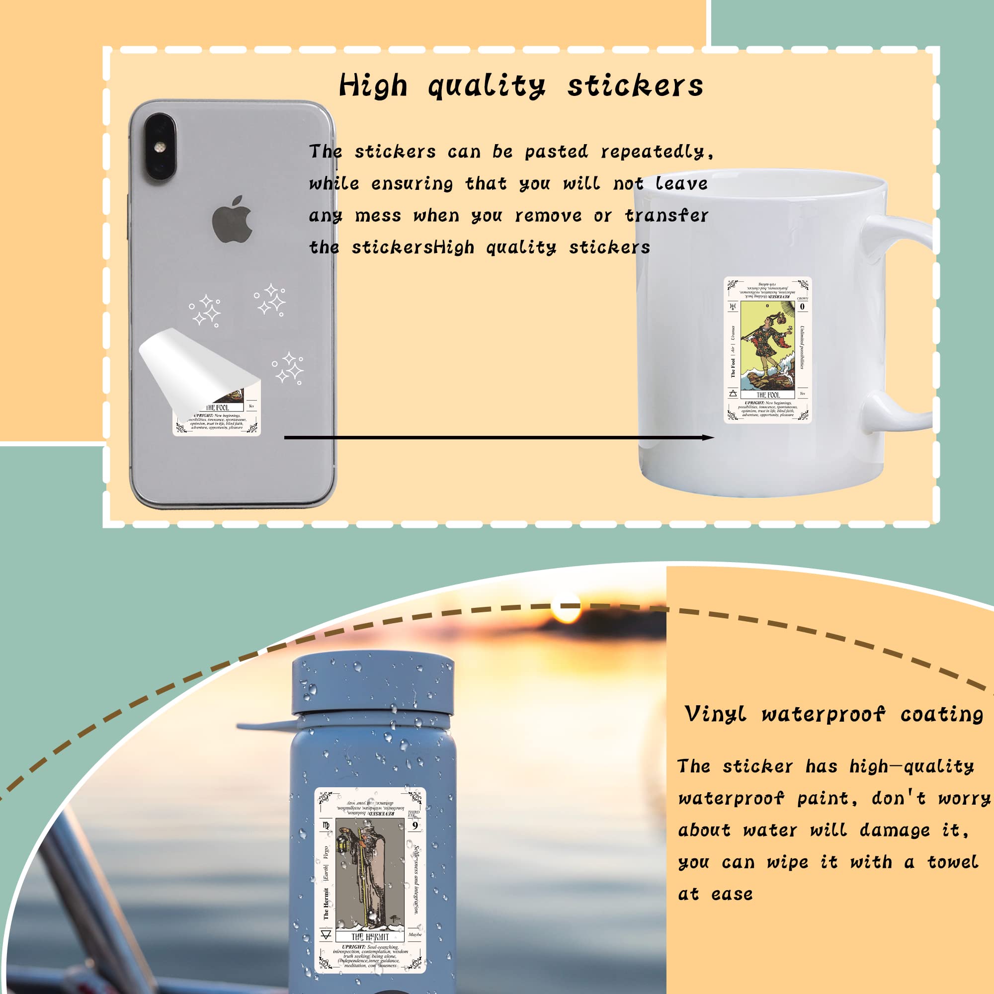 Mini Tarot Stickers 176 Pcs, Diy 2 Sets Tarot Cards Stickers For Beginners With Meanings On Them,Vinyl Waterproof Stickers For Laptop Hydro Flask Water Bottle Computer Skateboard Luggage