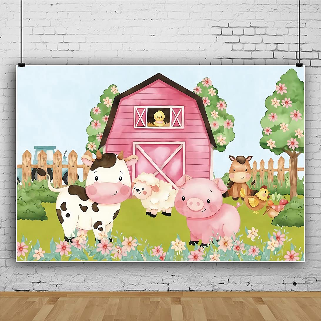 10X8Ft Cartoon Farm Animals Party Backdrop Pink Barn Girl Baby Shower Birthday Photography Background Farmland Animals Cows Pigs