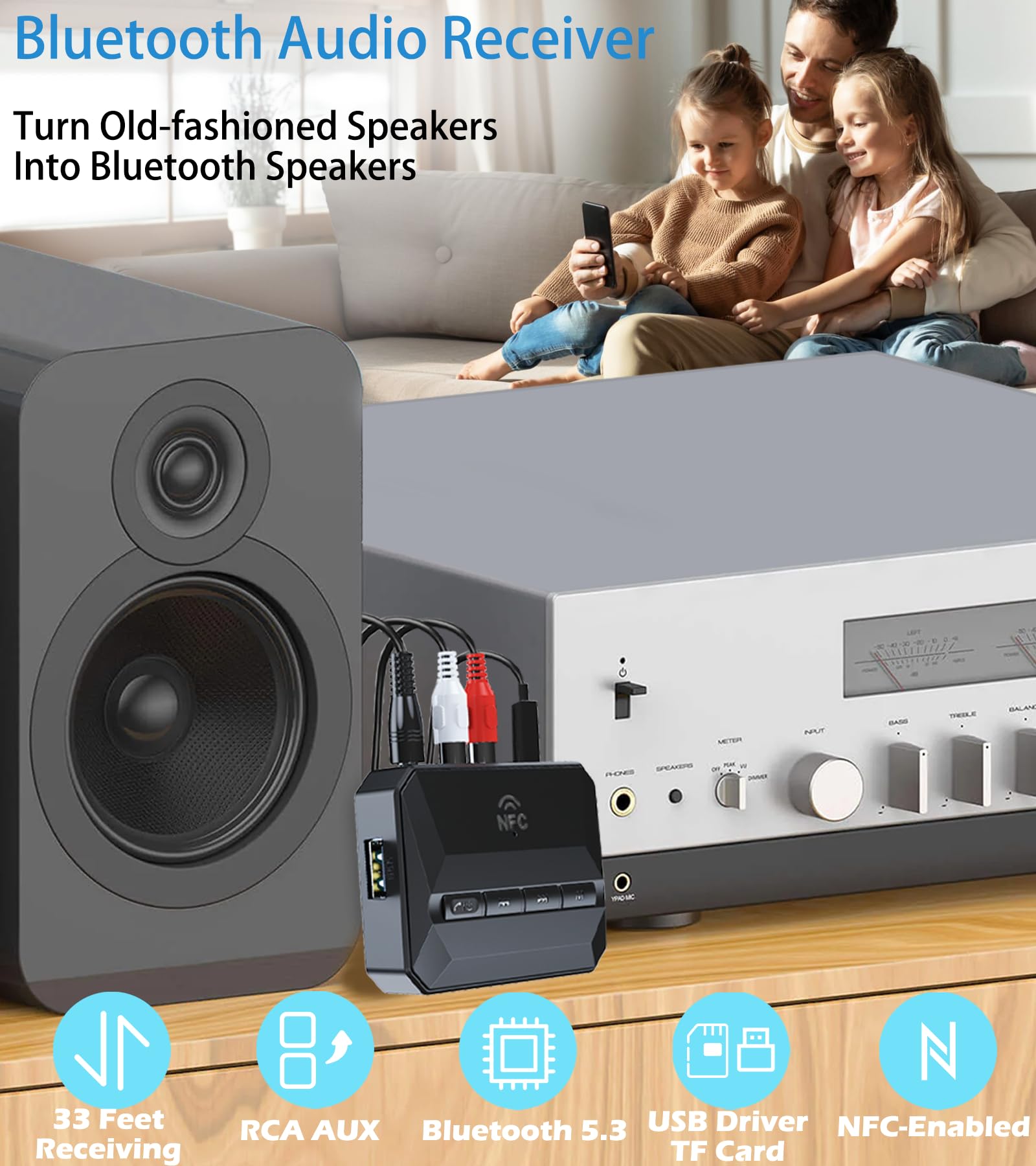 Kaiy 5.3 Bluetooth Receiver For Home Stereo, Bluetooth To Rca Adapter For Stereo Receivers Aux Bluetooth Adapter, Nfc Enabled Bl