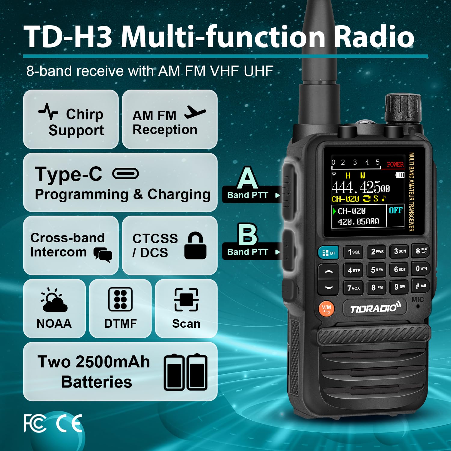 Tidradio Td H3 Multi Band Ham Handheld Radio, Two Way Radios With Usb C Programming & Charging, Long Range Radios With With 2500