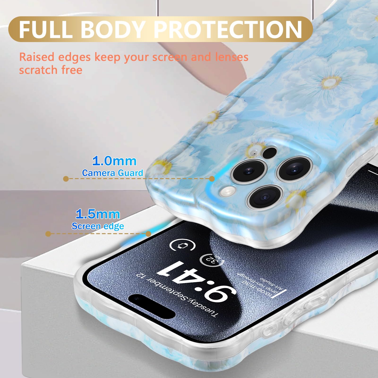 Sheheme For Iphone 15 Pro Max Case [With 9H Screen Protectors] Wave Bumper Colorful Oil Painting Flowers Print Blue Glossy Soft