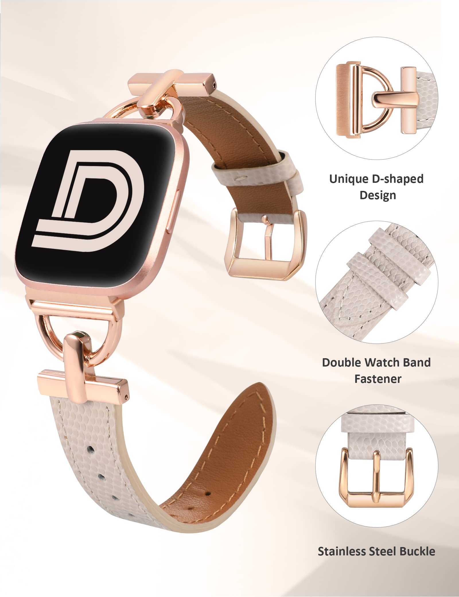 Wearlizer Leather Band Compatible With Fitbit Versa 2 Bands For Women, Dressy Slim Strap Wristband D-Shape Metal Buckle Versa/Ve