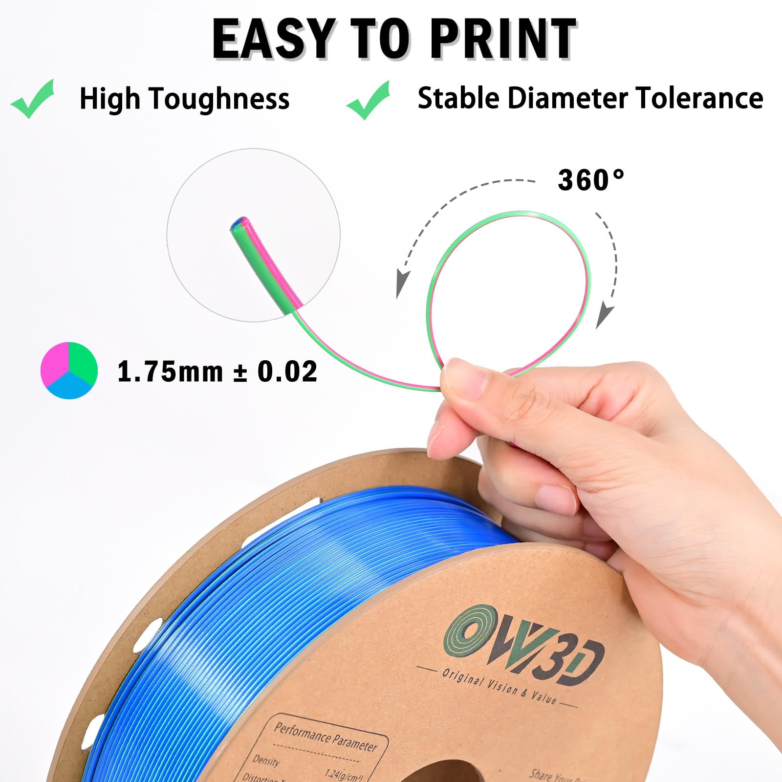 Ovv3D Pla Filament 1.75Mm Tri Colors, 3D Printer Filament Silk Pla Filament, Rainbow Pla Filament With Silk Pla Sky Blue Rose Re