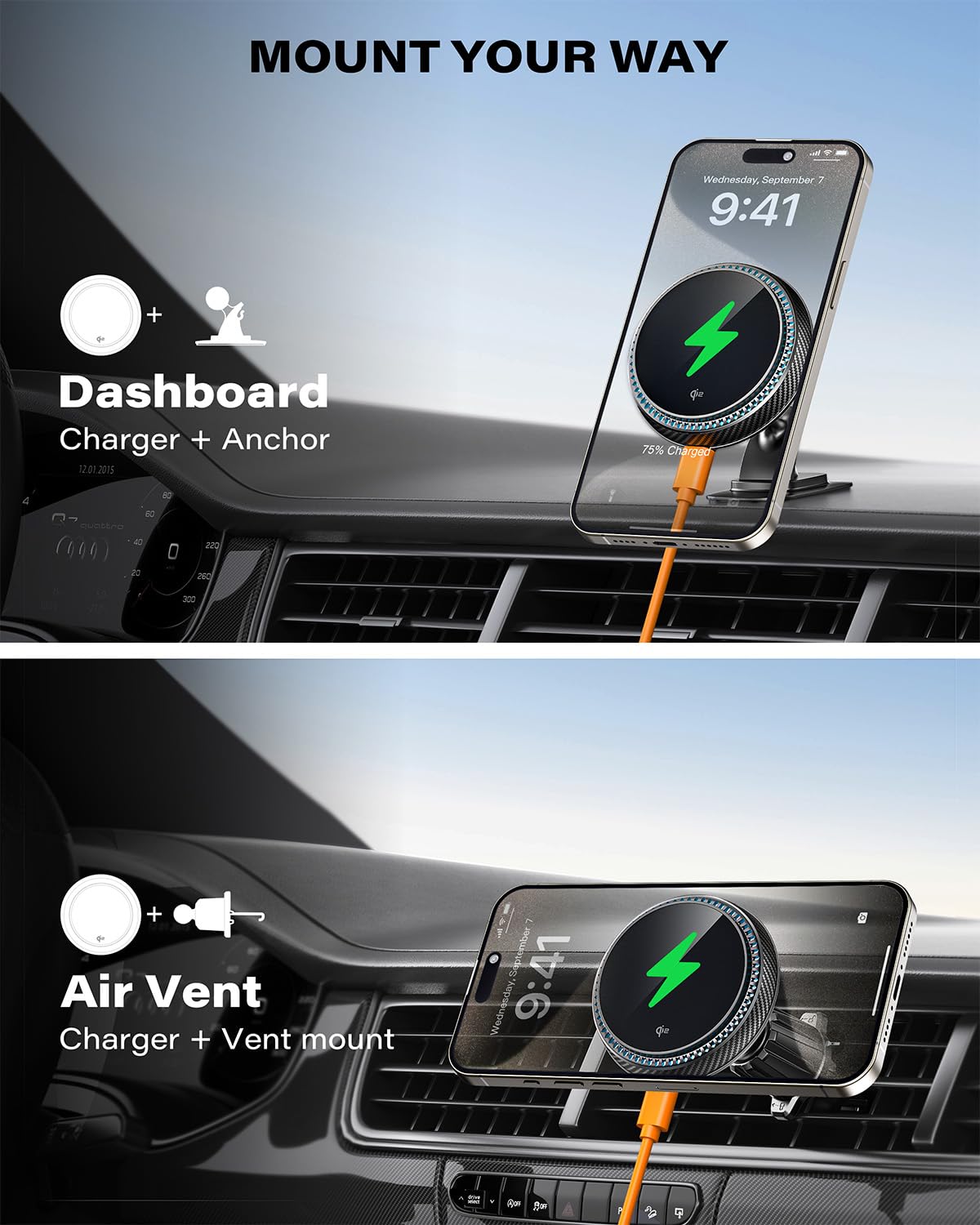 Apps2Car For Qi2 15W Magsafe Car Mount Charger, Qi2-Certified Magsafe Car Charger, Air Vent/Dashboard Magnetic Phone Holder Car