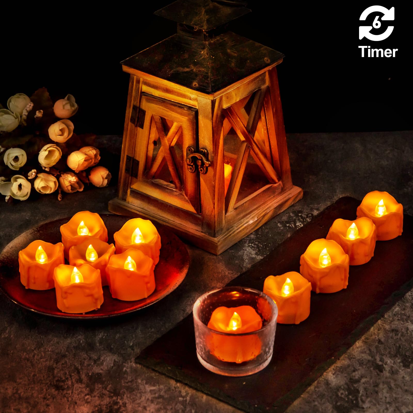 Windshell Orange Tealight Candles With Timer, Melting Design (Plastic), Battery Operated Led Flameless Tea Lights For Party, Tha