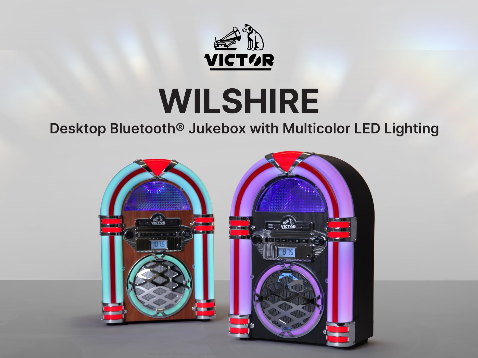 Victor Wilshire Desktop Bluetooth Jukebox With Fm Radio, Built-In Stereo Speaker And Multicolor Led Lighting, Mahogany (Vdtj-145