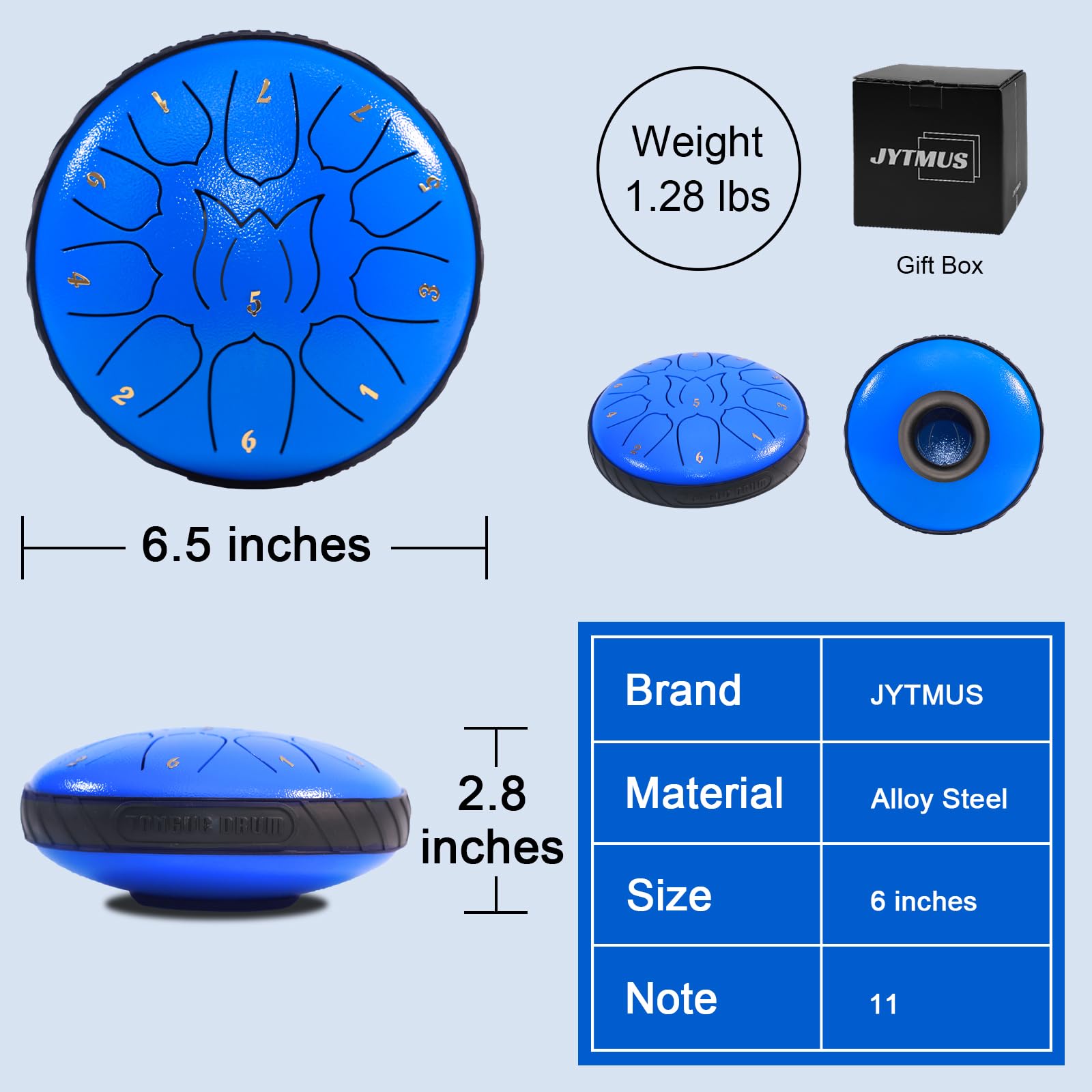 Jytmus Steel Tongue Drum 11 Notes 6 Inches Rain Drum For Outside With Drum Bag, Music Book, Drum Mallets, Mallet Holder, Finger