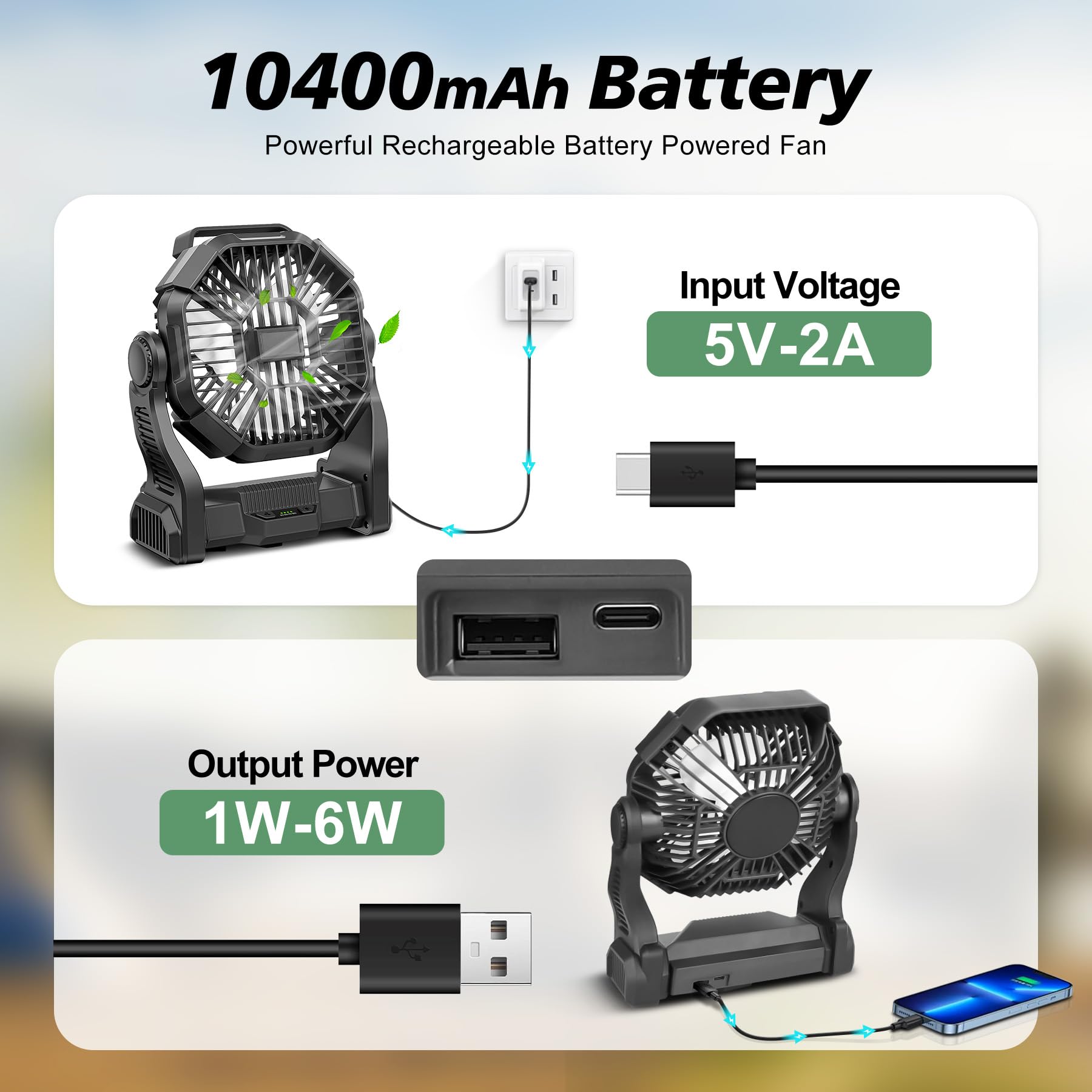 Conbola Portable Rechargeable Camping Fan For Tent, 10400Mah Battery Operated Outdoor Fan With Hanging Hook, Led Lantern, 270 Ro