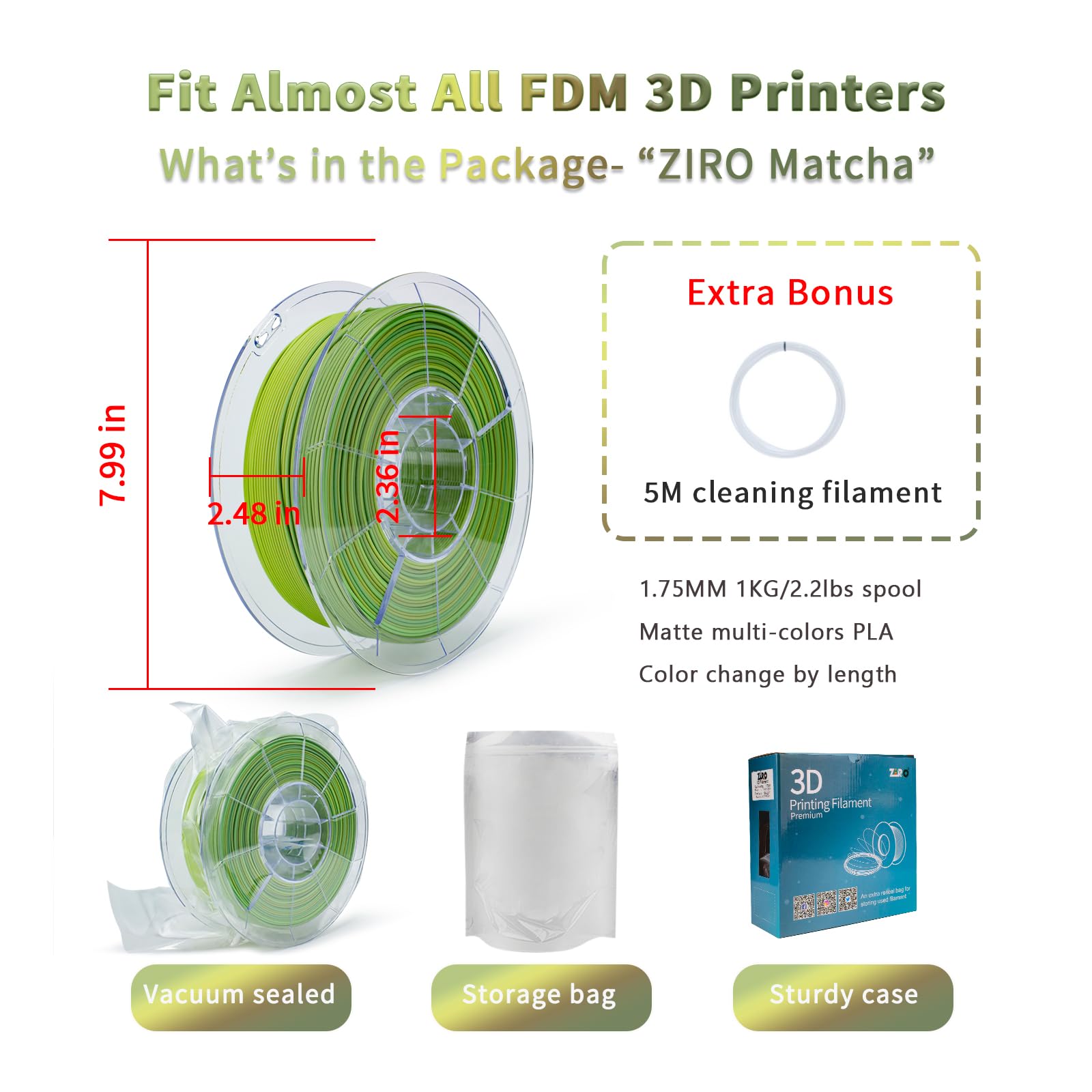 Ziro 3D Printer Filament,Matte Pla Filament 175Mm,Multicolor Rainbow Pla Filament,1Kg22Lb,Matcha