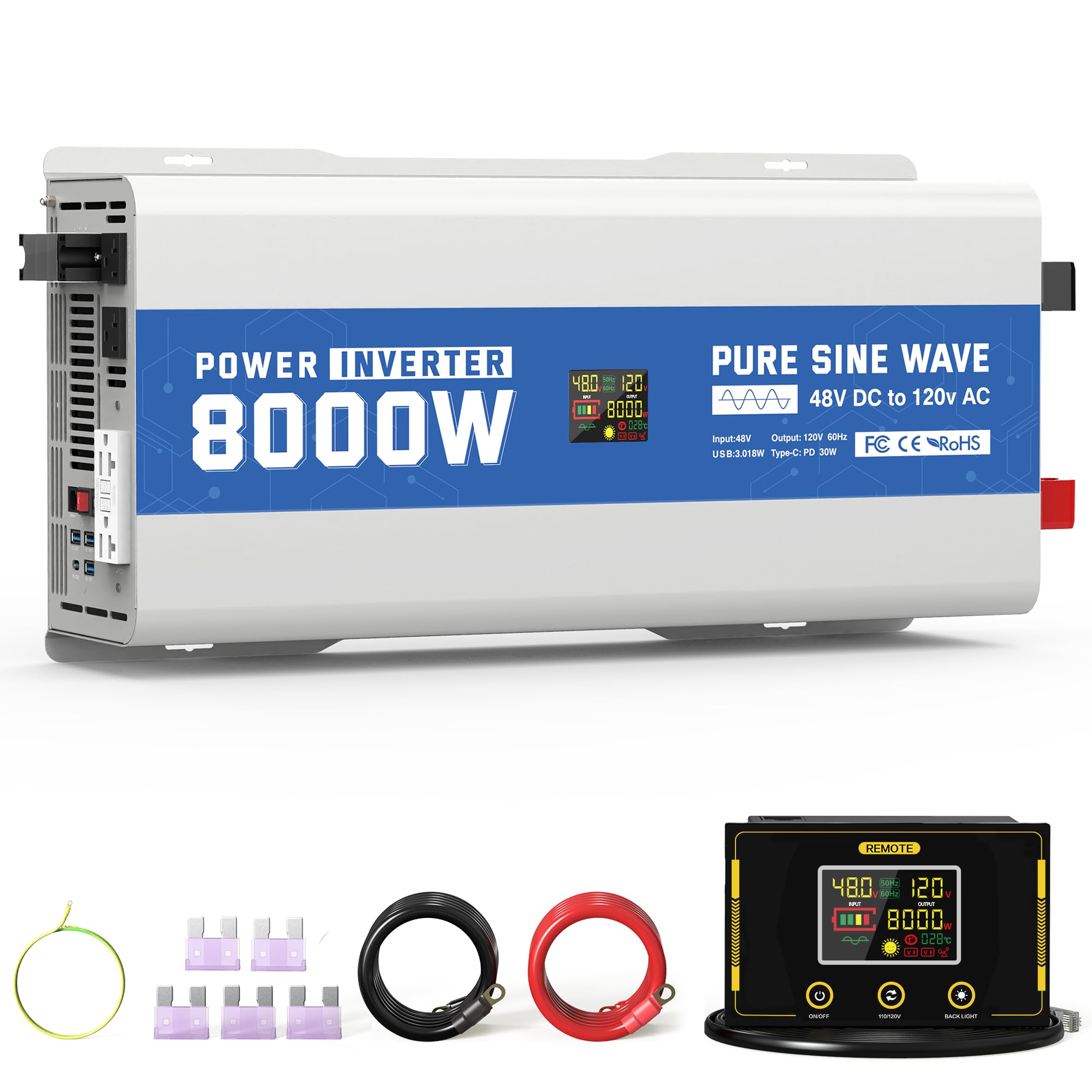 ASMONTRIC 8000 Watt Pure Sine Wave Inverter, 48V DC to 120V AC Power Inverter with LCD Display, GFCI Outlet, USB Port, 4 AC Outl