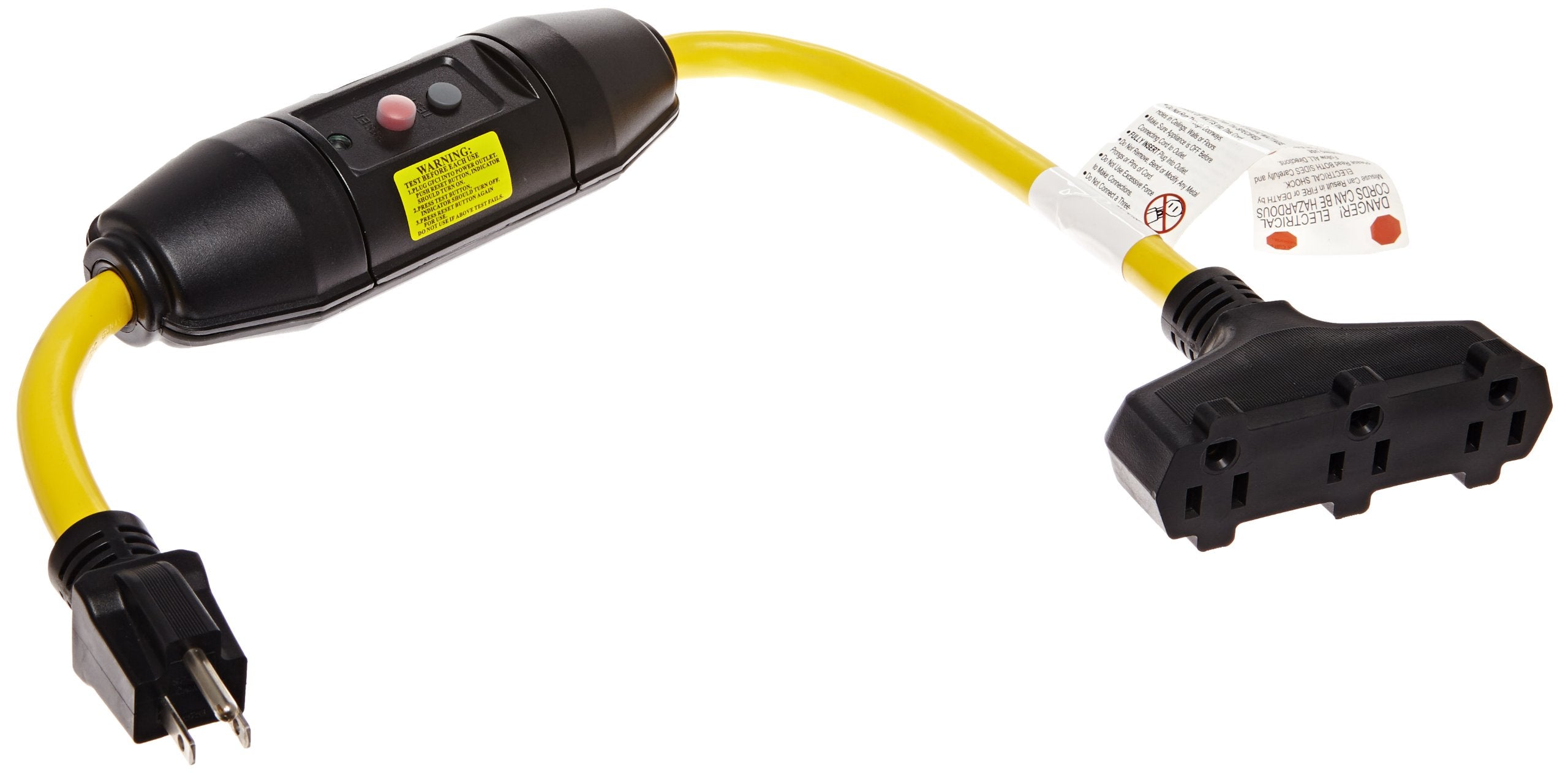 Tower Manufacturing 30396501 08 Manual Reset 20 Amp Inline Gfci Triple Tap Cord, Yellow/Black