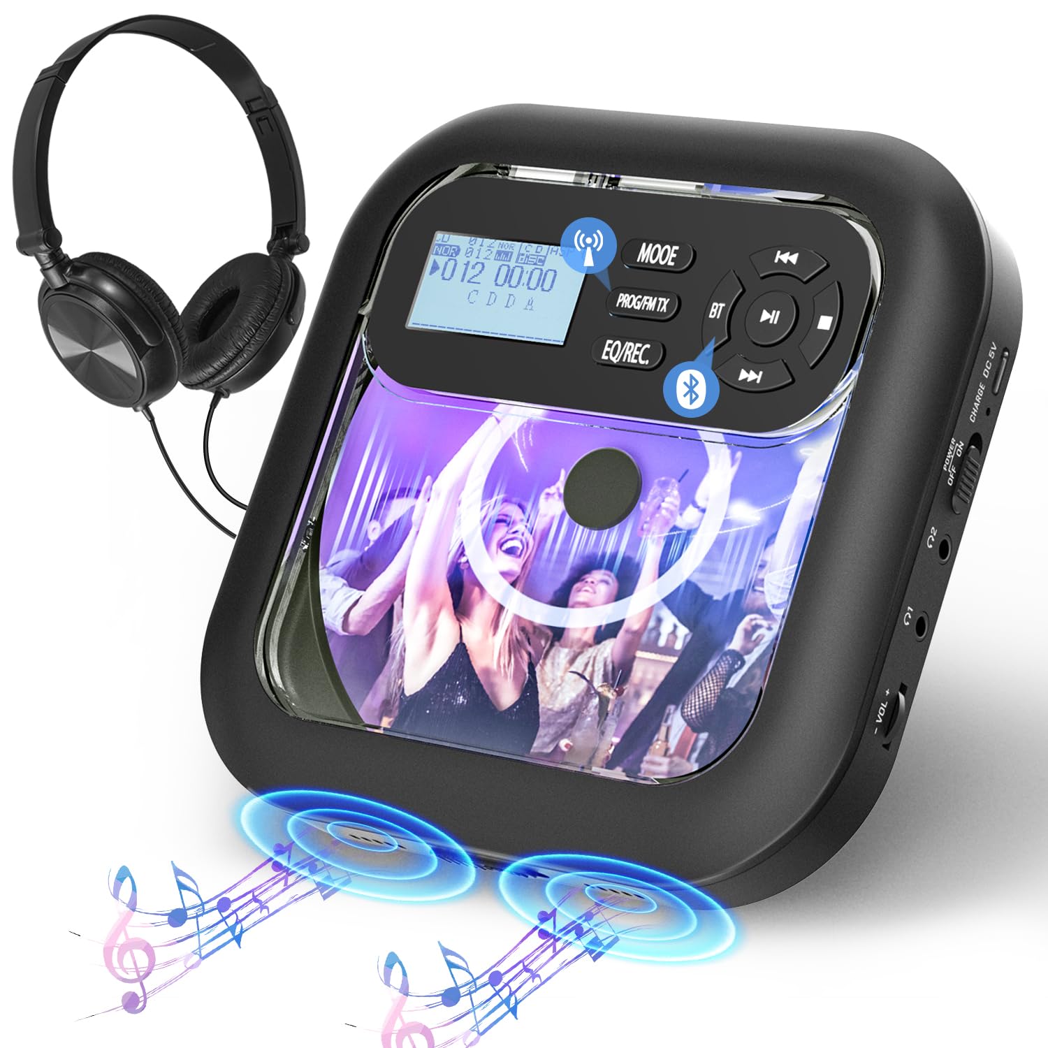ERASINY Portable-CD-Player with Bluetooth - Rechargeable with FM Transmitter, Dual Speakers, Headphones and AUX Use for Car Trav