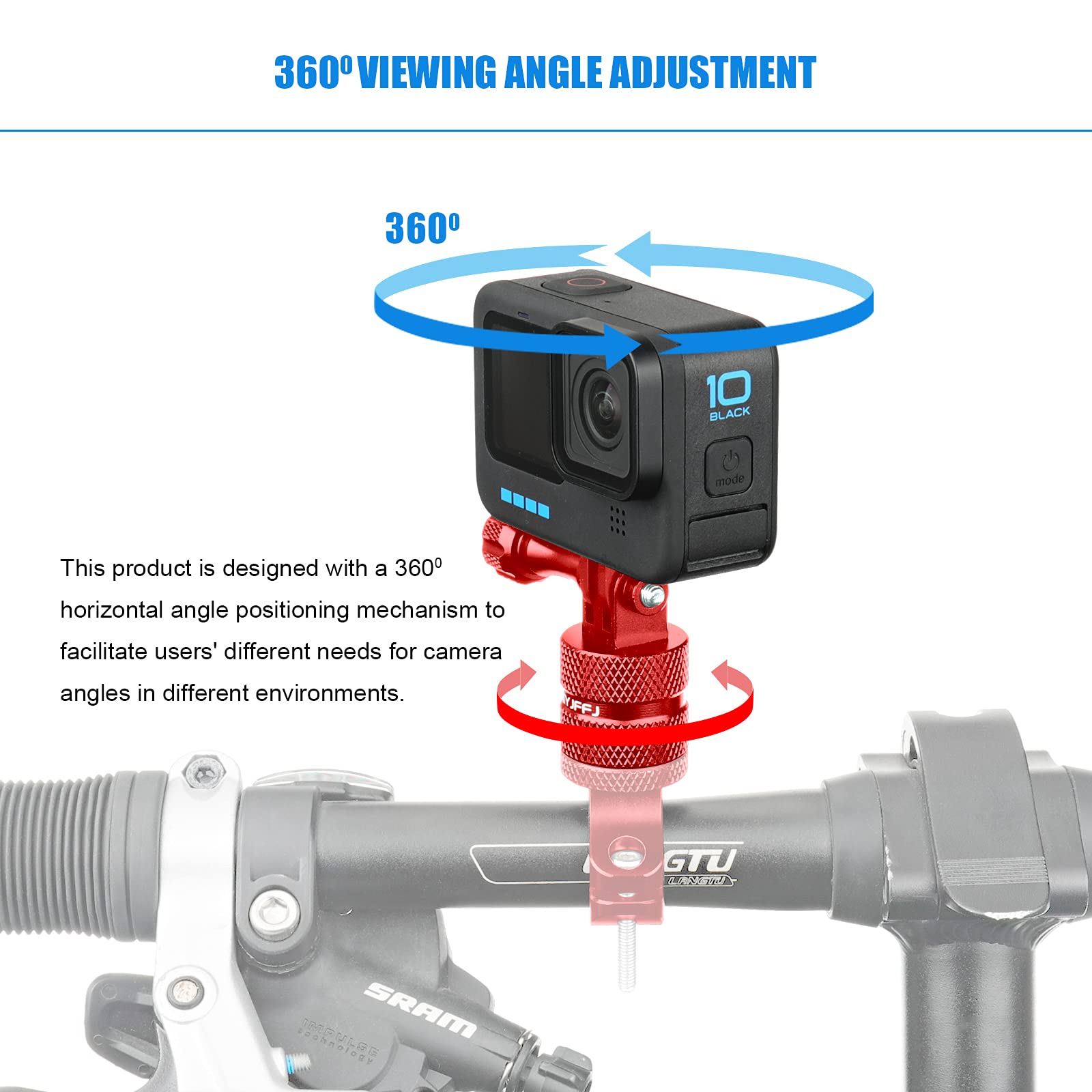 Skyjffj Mountain Bike Camera Handlebar Mount For Gopro Hero 8/9/10/11/12,360 Degree Rotation Aluminum Motorcycle Bicycle Rack Mount Holder For Dji Osmo Action,Akaso/Yi & Action Camera Accessories(Red)