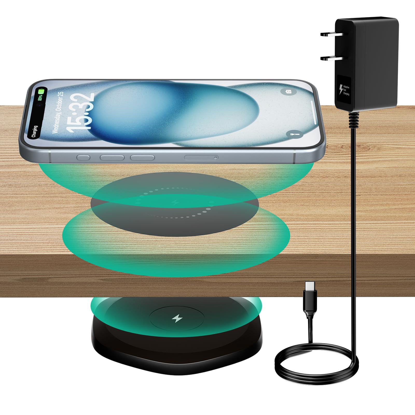 Kpon Invisible Wireless Charger,30Mm Under Desk Charger Mat, Furniture Table Nightstand Desktop Charging Station For Iphone16/15/14/13/12/11/Samsung/Lg/Google Pixel Desk Essentials(With Qc Adapter)