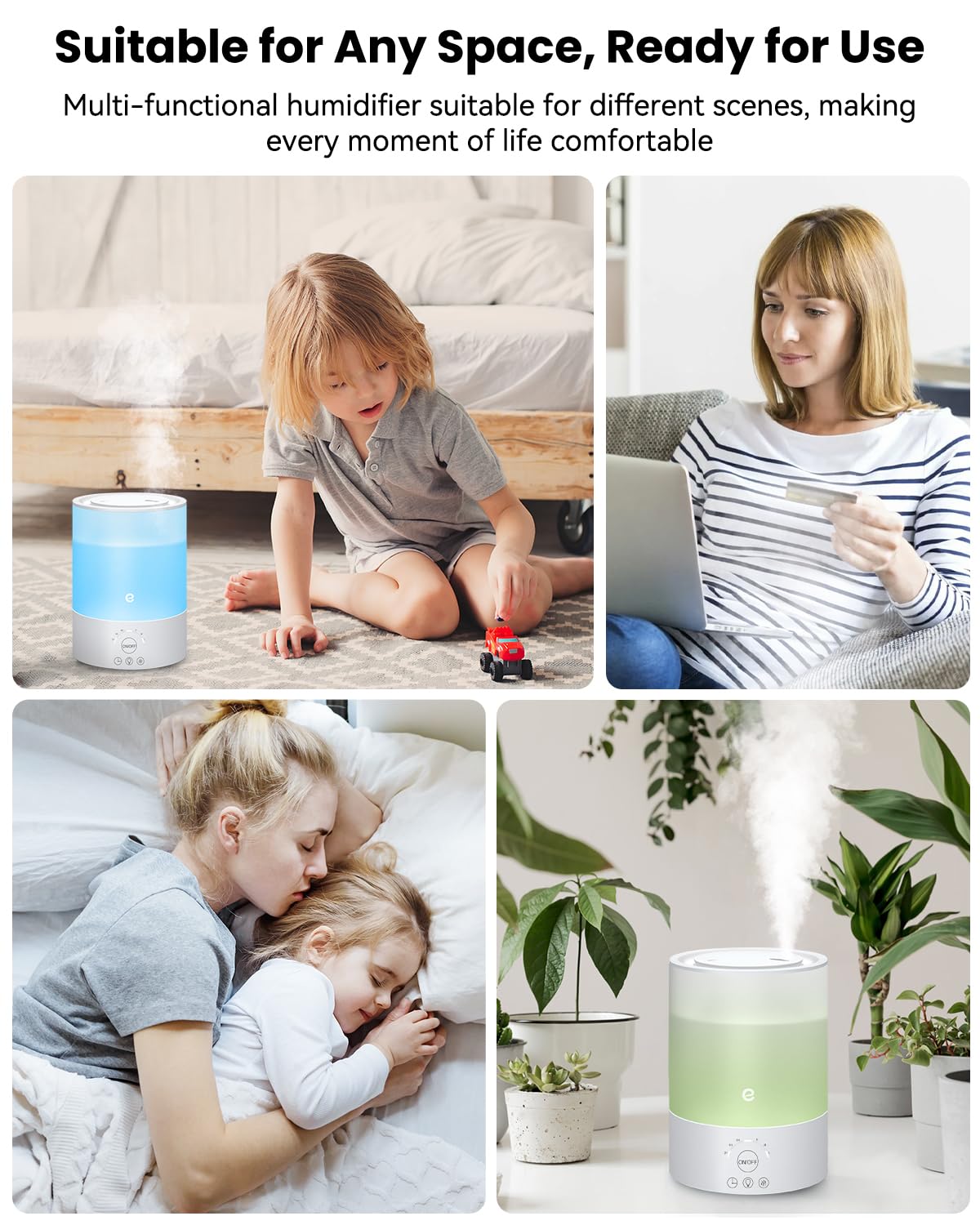 Esemoil Humidifiers For Bedroom, For Large Room, 2.5L Top Fill Cool Mist Humidifiers For Baby, Plants, Smart Wifi Air Humidifier