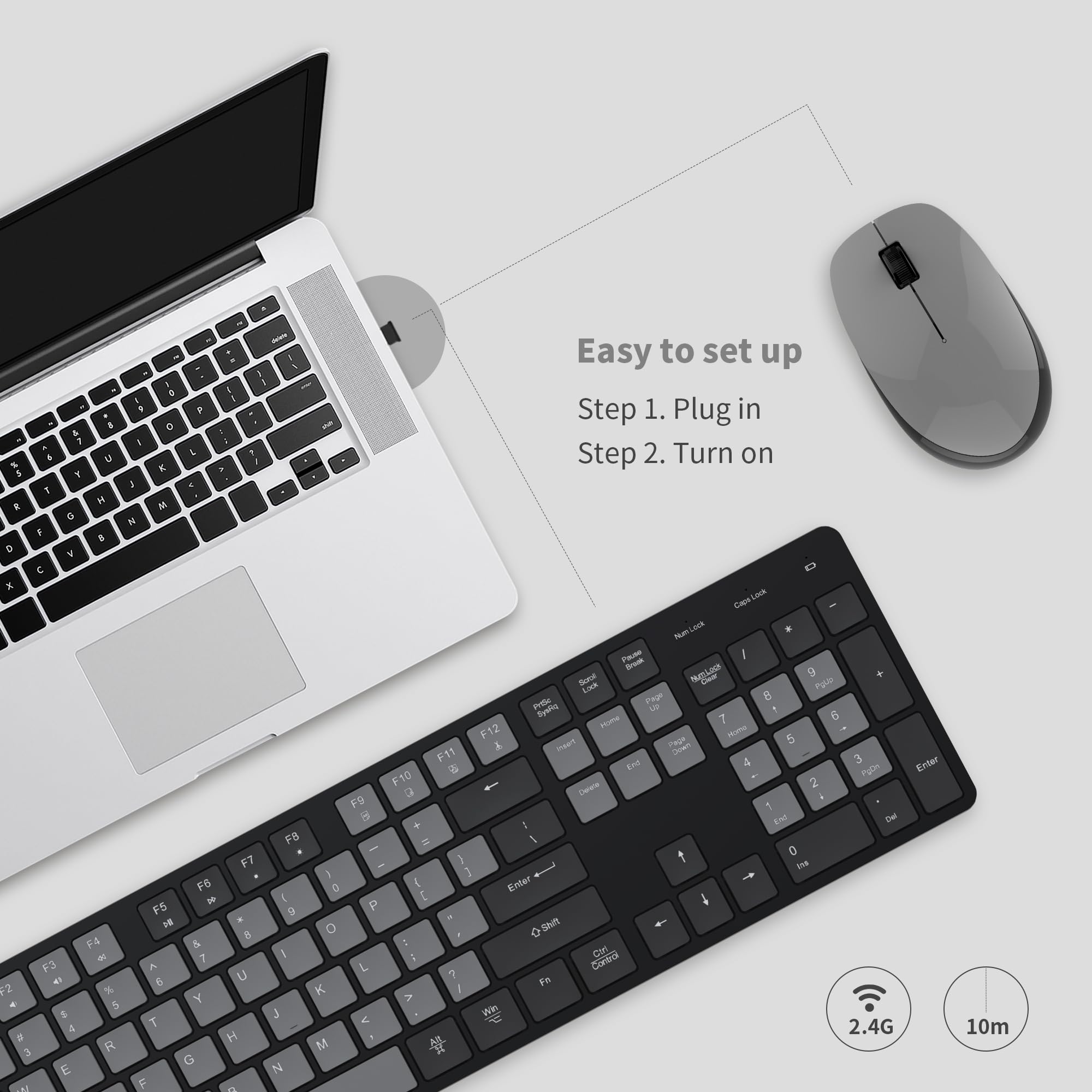 Wireless Keyboard And Mouse Combo, Ultra Slim Silent Scissor Switch Design, Quiet Full Size Keyboards With Number Pad, Compatibl