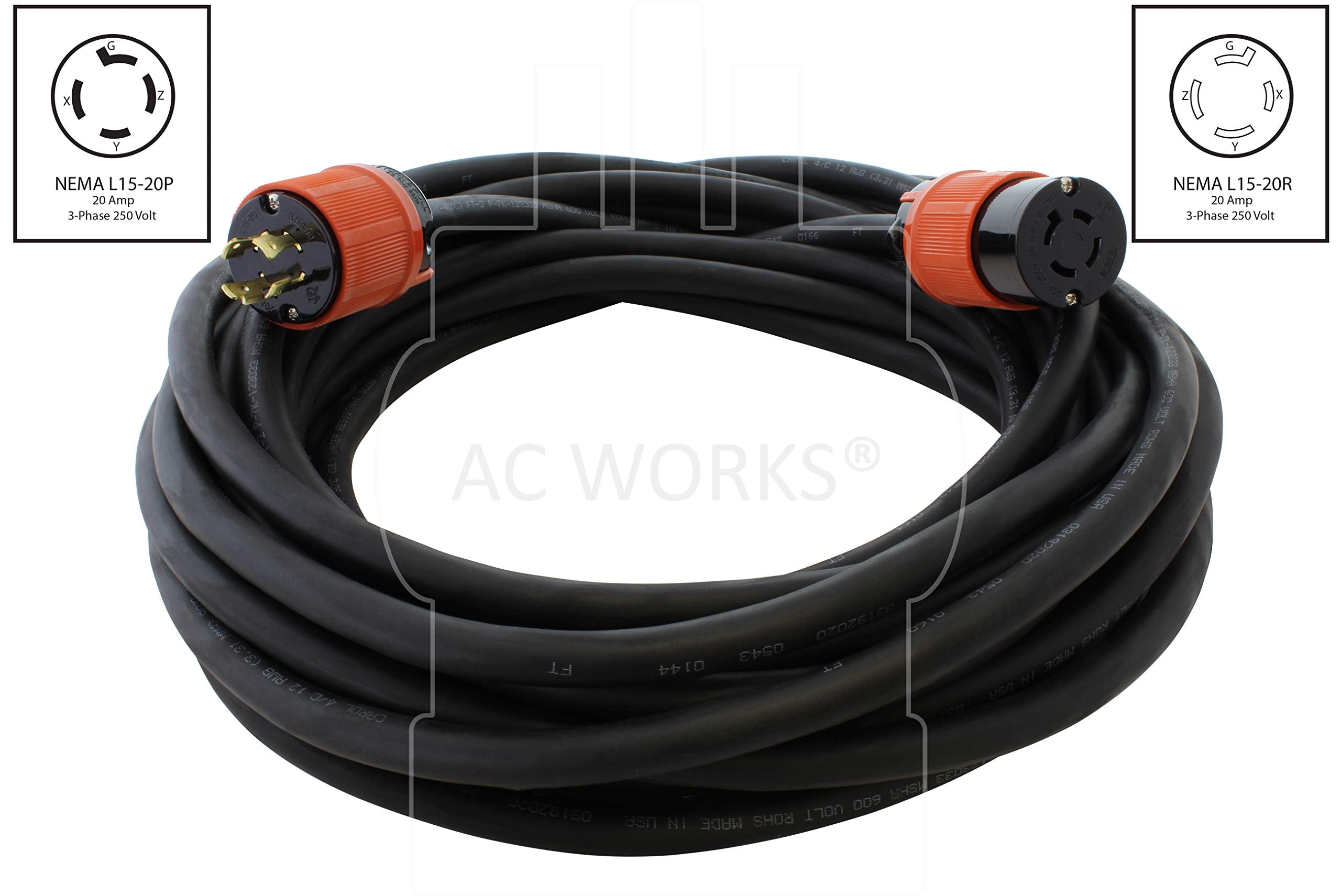 Ac Works [L1520Pr] Soow 12/4 Nema L15 20 20A 3 Phase 250V Industrial Rubber Extension Cord (10Ft)